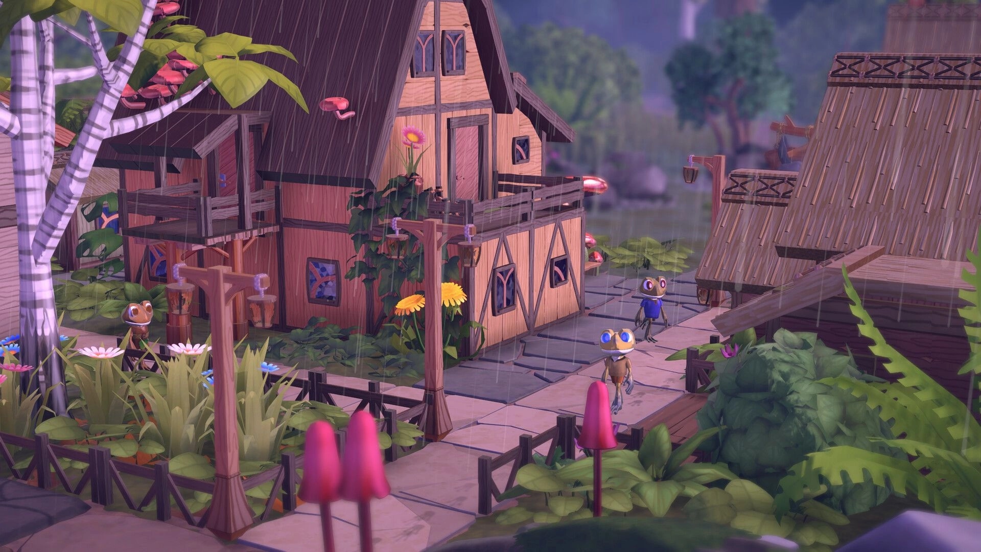 Croakwood: Frogs walking on a rainy village path lined with plants and wooden houses in a lush forest.