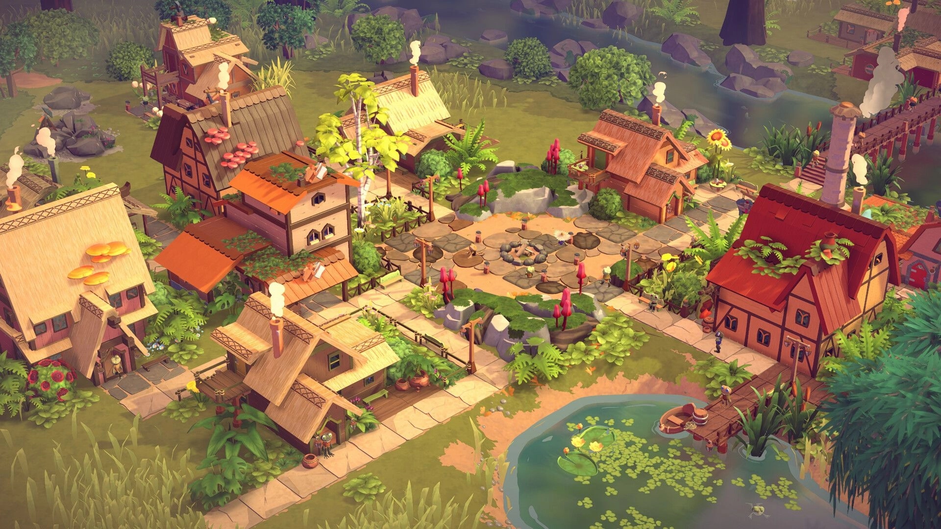 Croakwood: Overhead view of a vibrant frog village with houses, pathways, and lush greenery