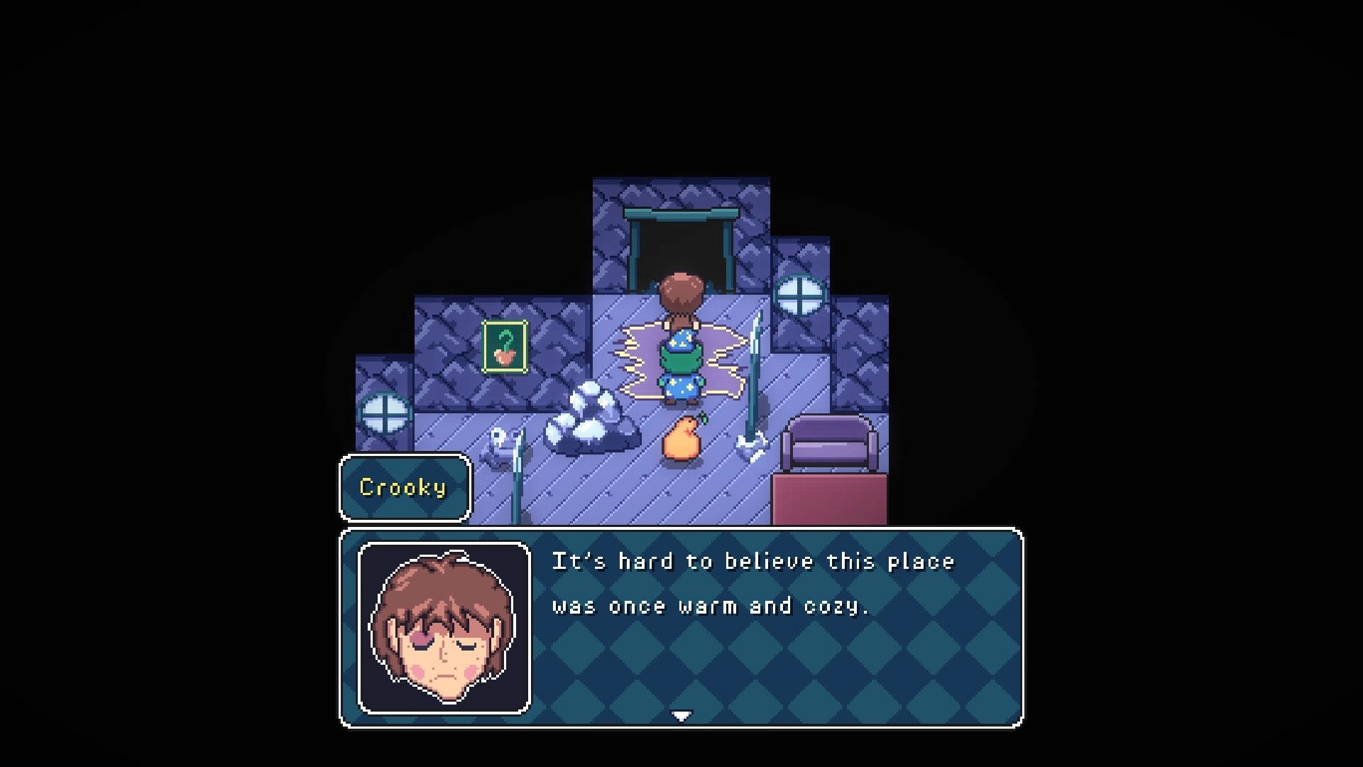 Crooky The Game: Crooky dialogue box over pixel room with rubble, bed, and a dark doorway ahead.
