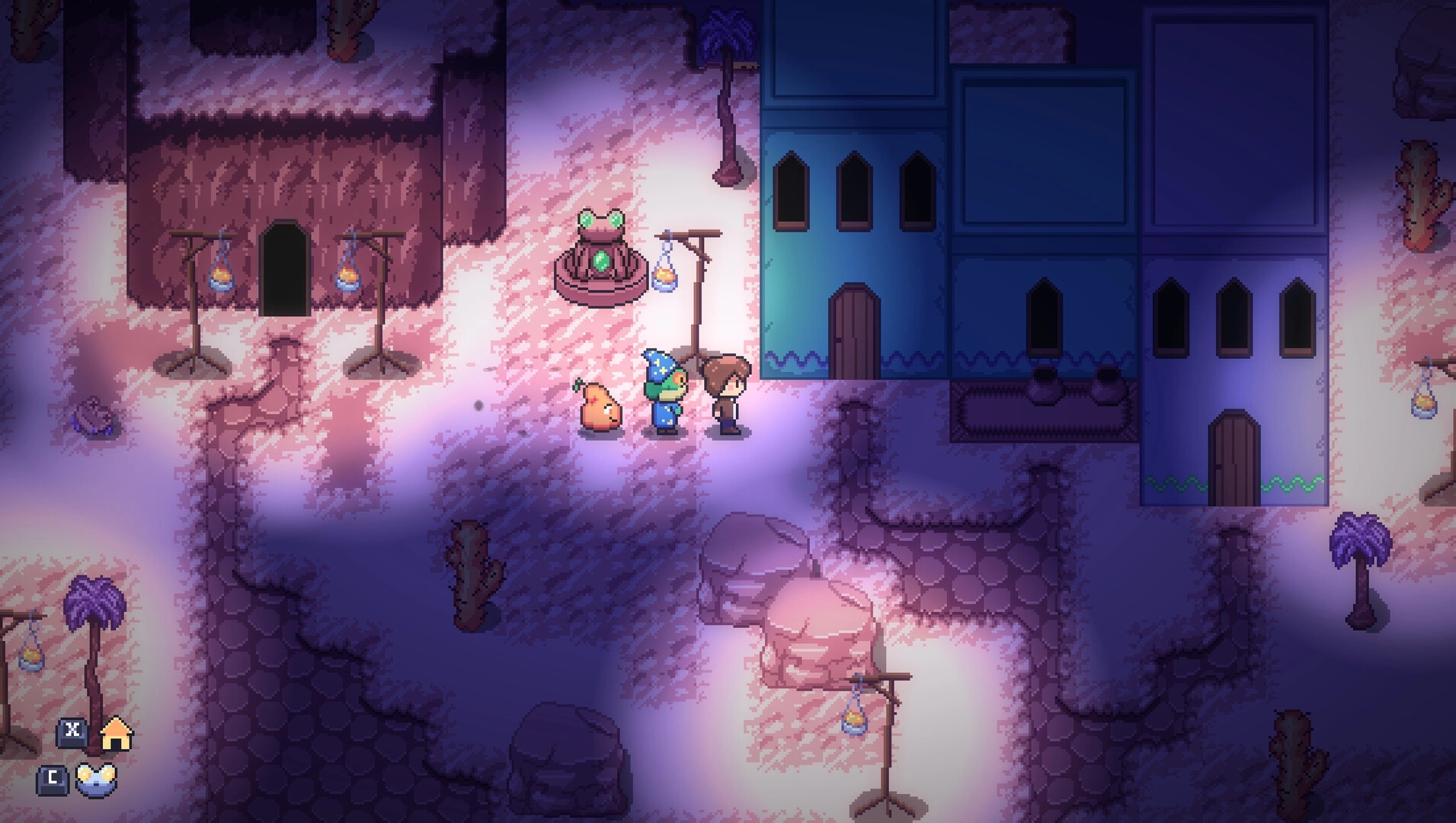 Crooky The Game: Wizard and pink blob stand by a villager outside blue houses at night in town.