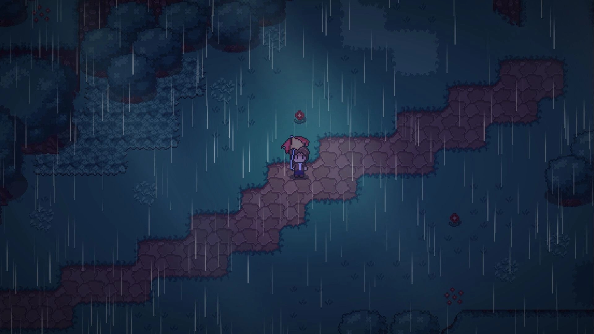 Crooky The Game: Pixel character holding a red umbrella on a rainy forest path at night.