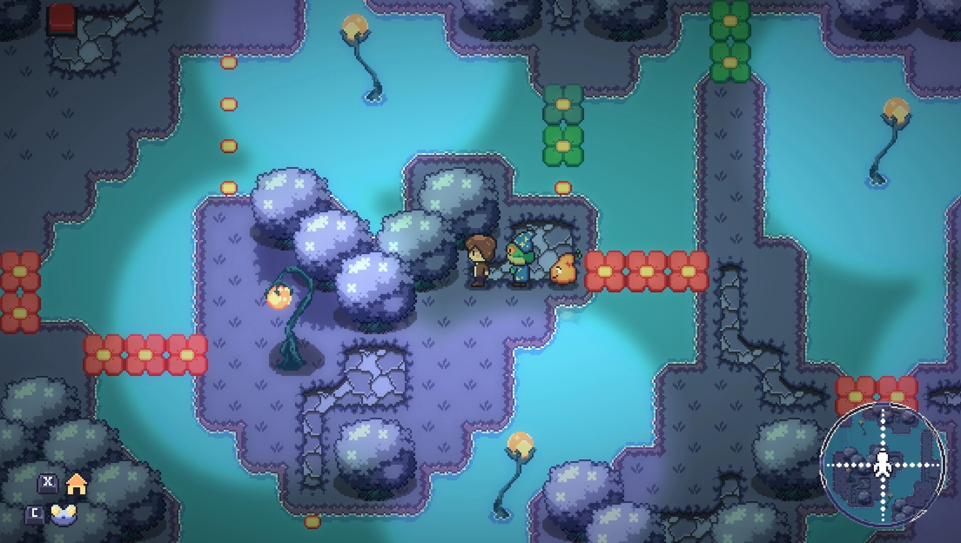 Crooky The Game: Player and wizard companion cross red tile bridge over glowing swamp waters at night.