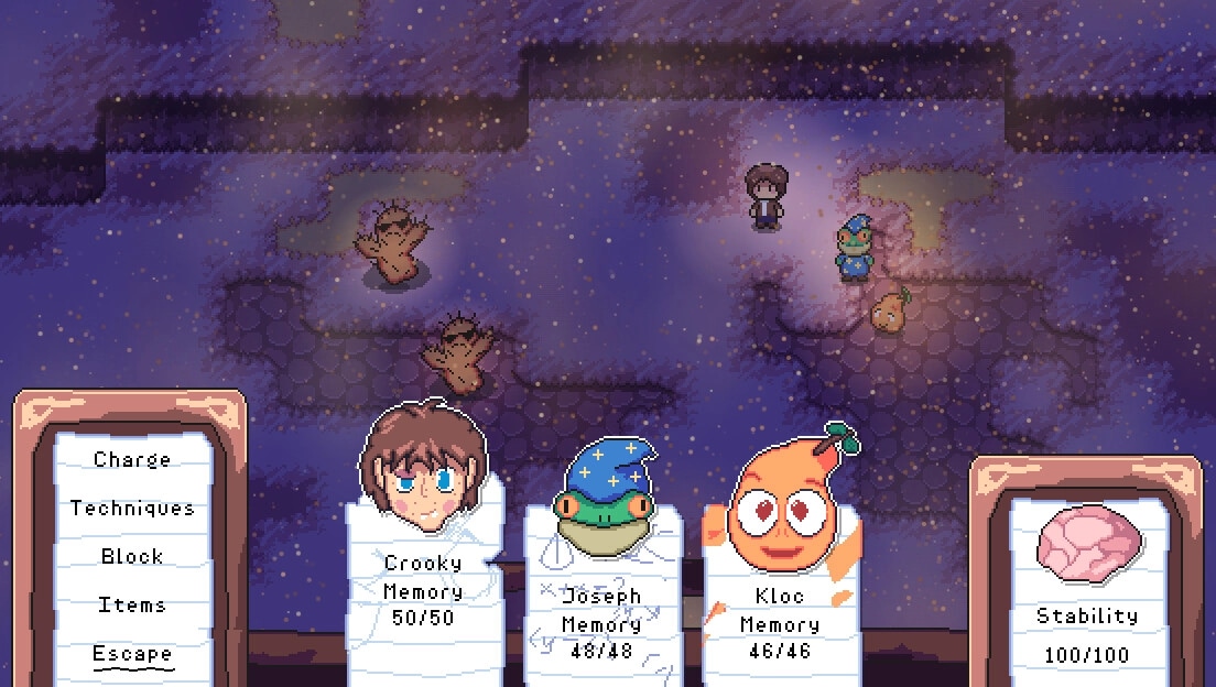 Crooky The Game: Turn-based battle menu with party stats on snowy path at night with enemies ahead.