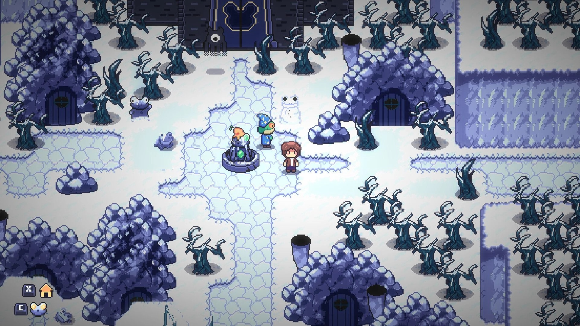 Crooky The Game: Player talks to NPC by a glowing altar in snowy village with icy trees and huts.