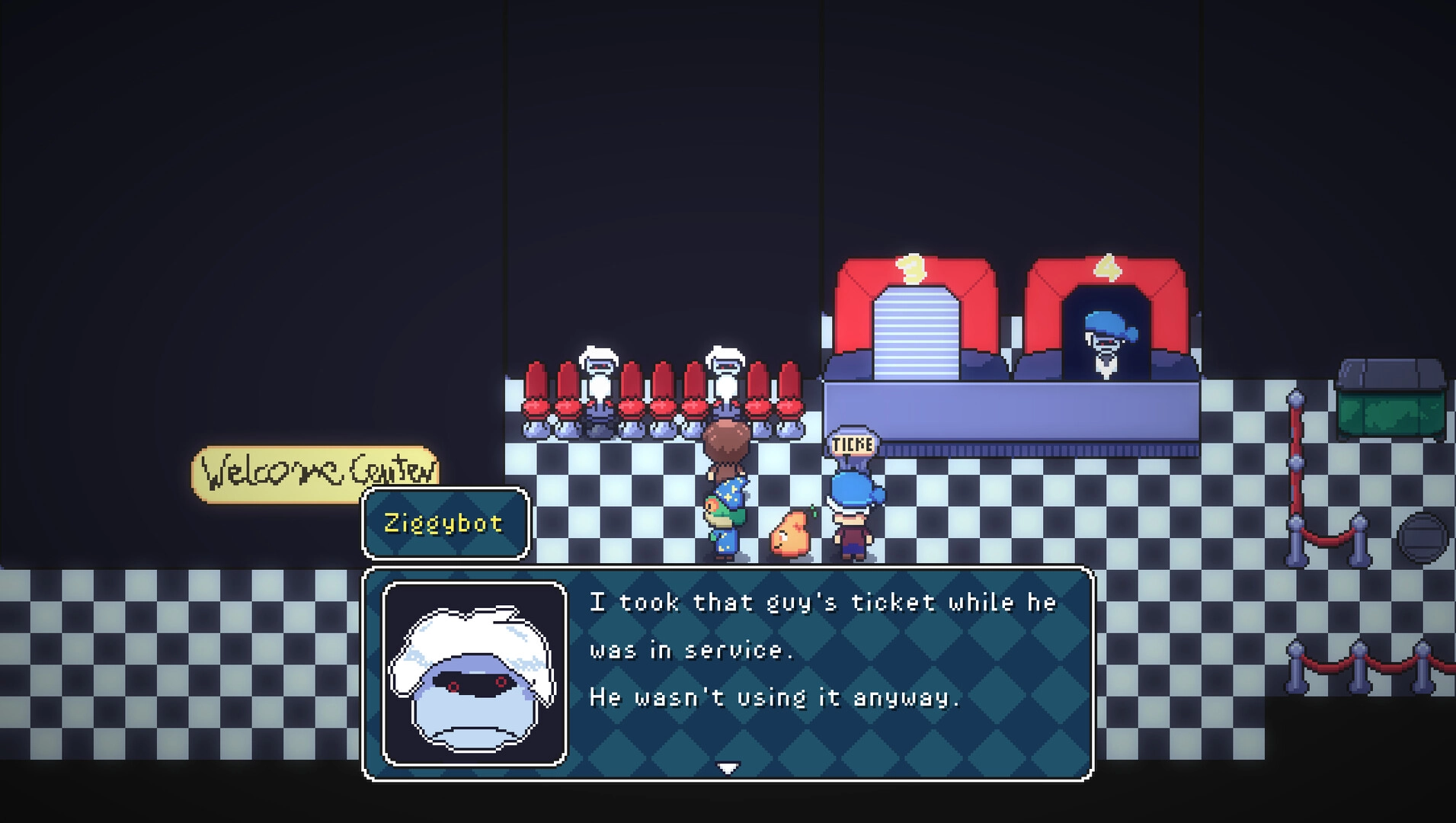 Crooky The Game: Dialogue with Ziggybot at a welcome center ticket counter with red chairs and NPCs.