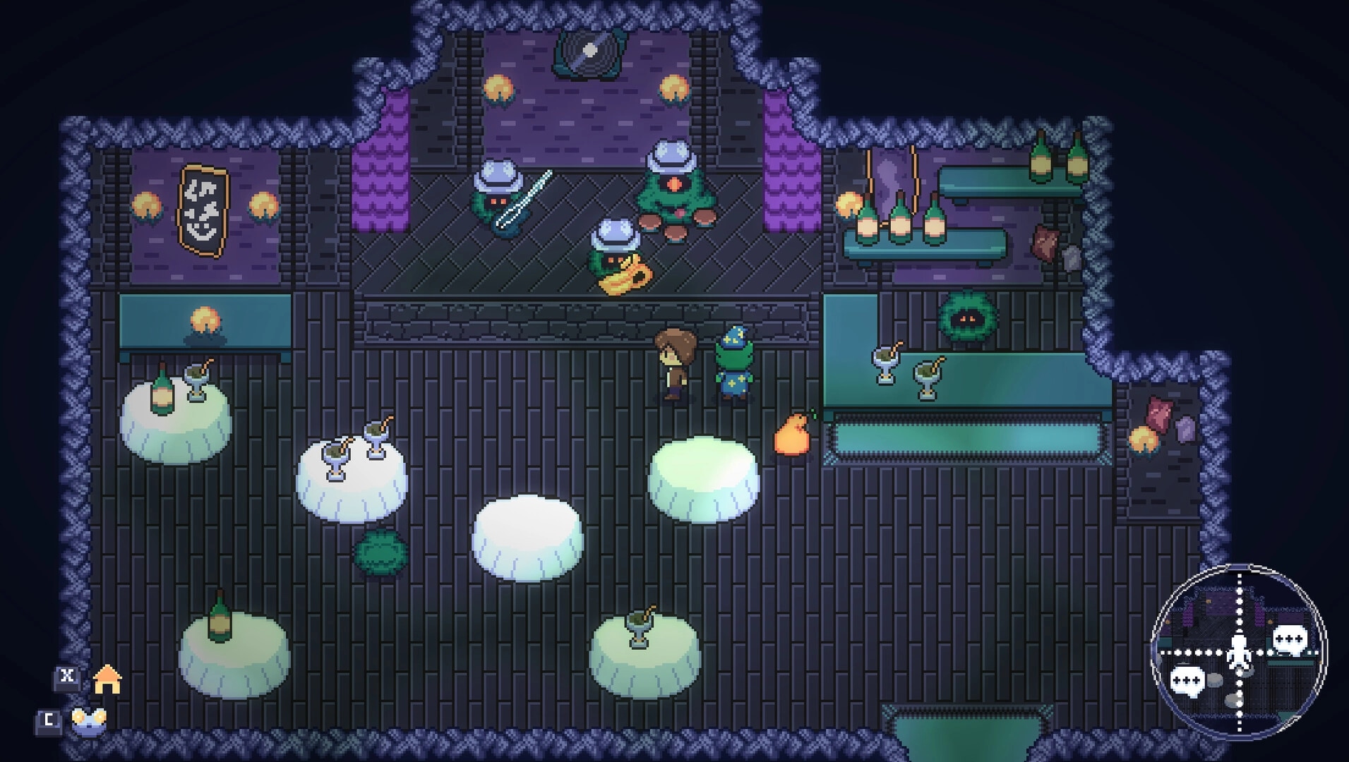 Crooky The Game: Player stands by bar counter in dim tavern with bottles, tables, and minimap UI.