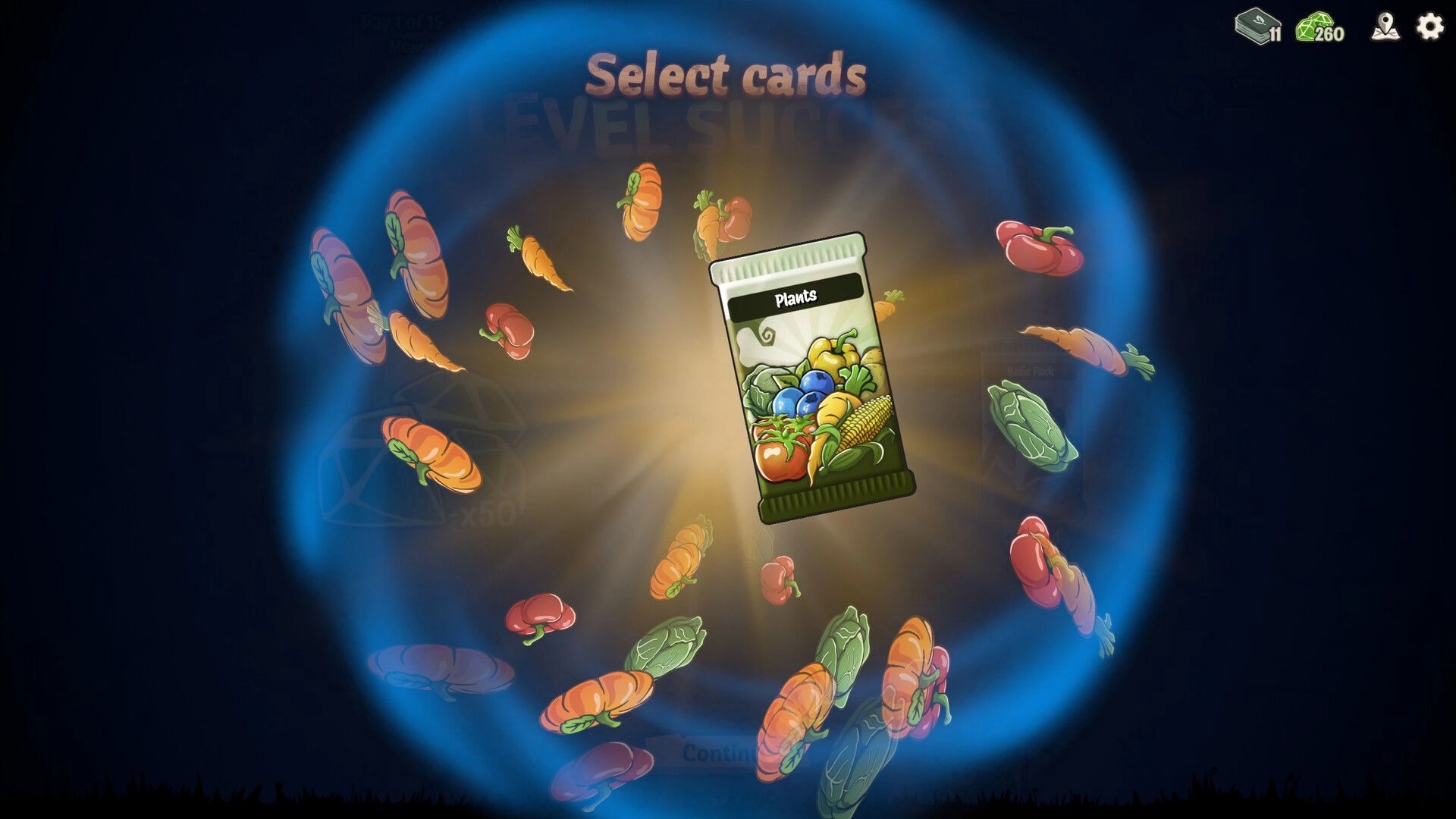 Cropdeck: Card selection screen with vegetables floating around a glowing pack in a dark setting.