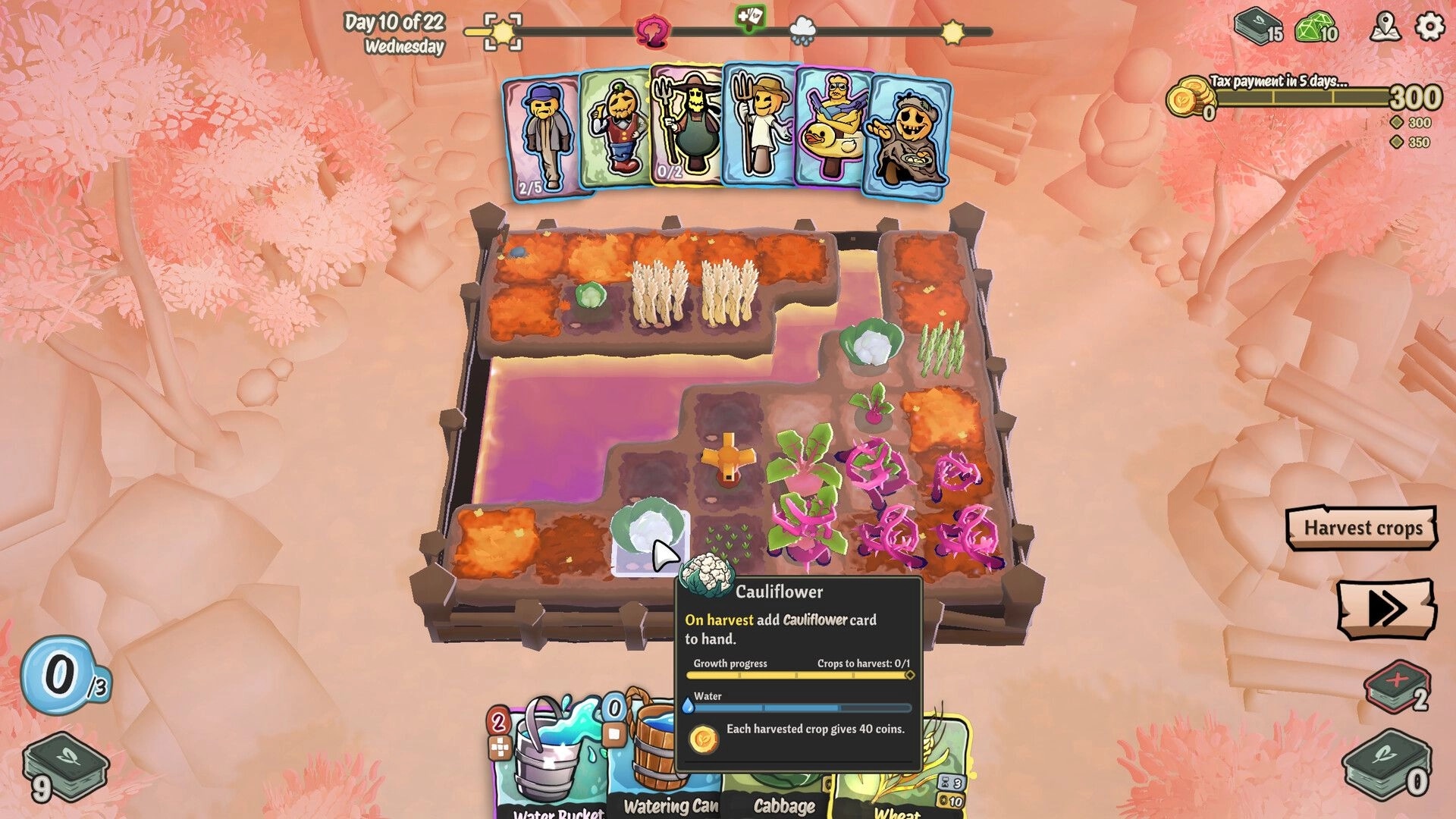 Cropdeck: Farm plot with various crops, scarecrow cards above, and cauliflower harvest tooltip displayed.