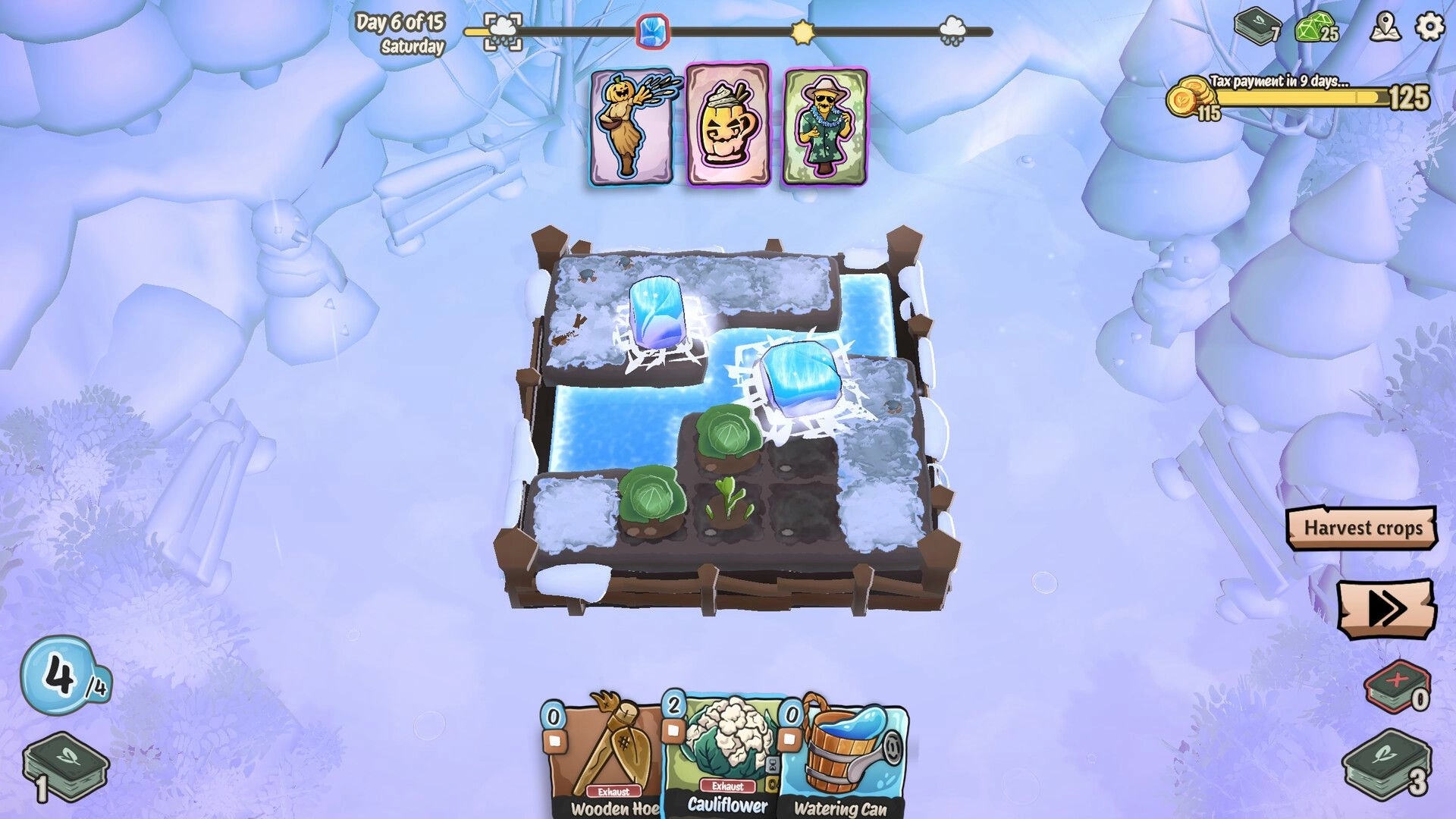 Cropdeck: Snowy farm plot with ice blocks, growing cabbages, and tool cards at the bottom interface.