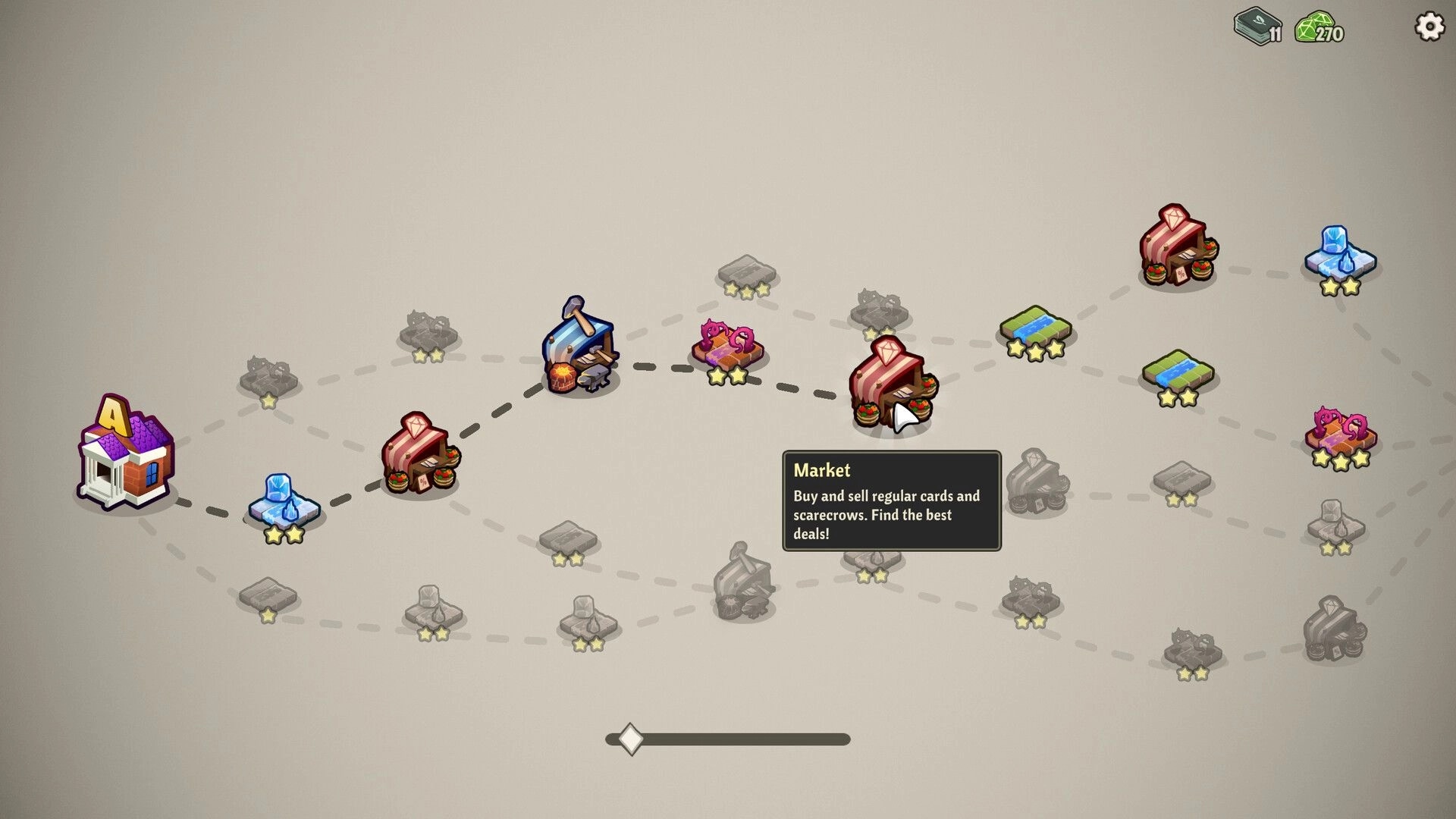 Cropdeck: Overworld map with various nodes including a market, paths, and currency UI elements