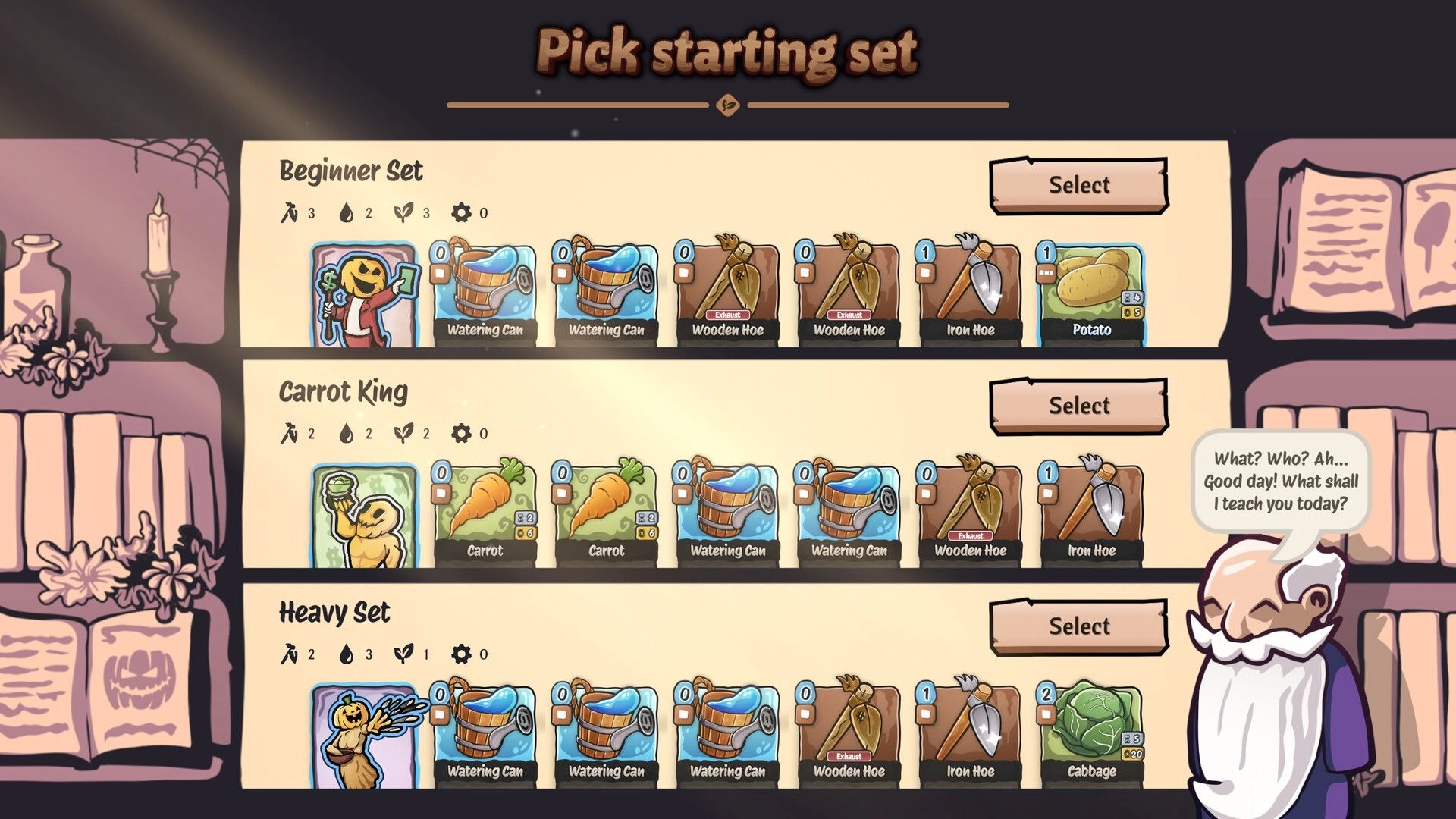 Cropdeck: Starting set selection screen with three options, including Beginner, Carrot King, and Heavy Set