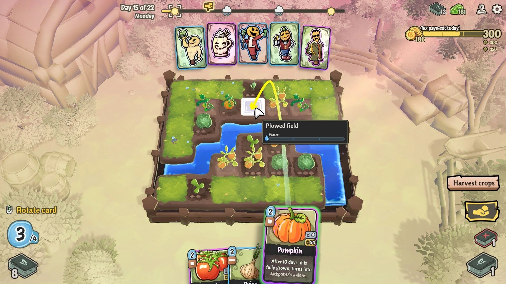 Cropdeck: Farming grid with pumpkin card, plowed field tooltip, and quirky scarecrows above