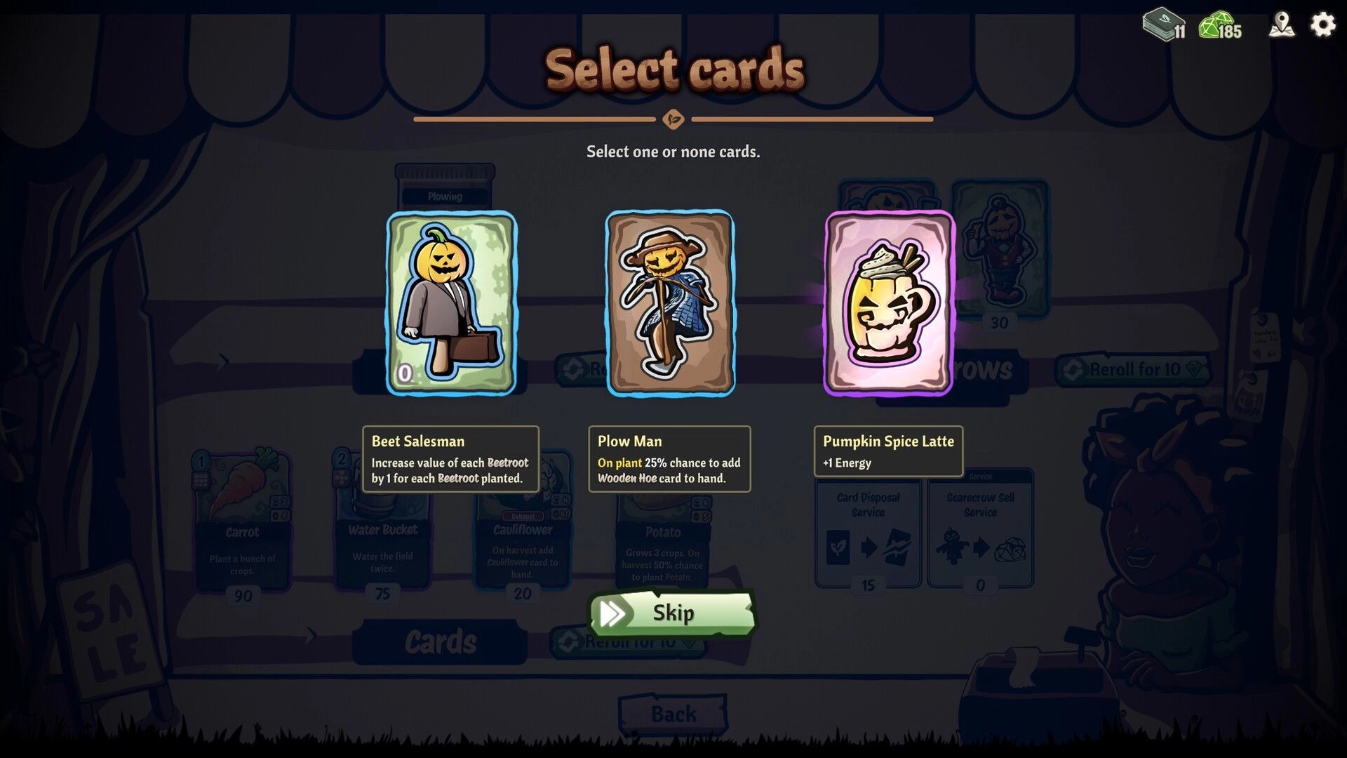 Cropdeck: Card selection screen featuring Beet Salesman, Plow Man, and Pumpkin Spice Latte cards.