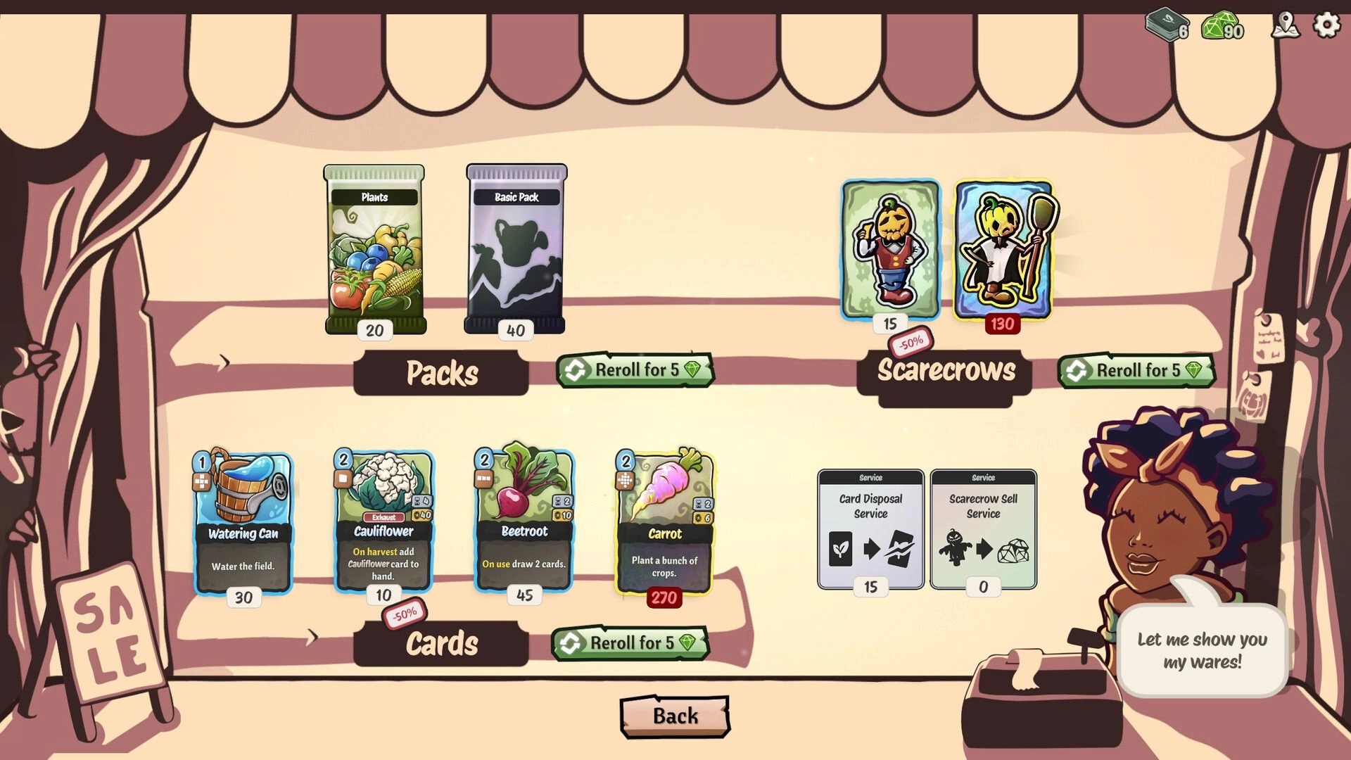 Cropdeck: Shop interface with plant packs, scarecrows, and cards for sale in a cozy market setting.