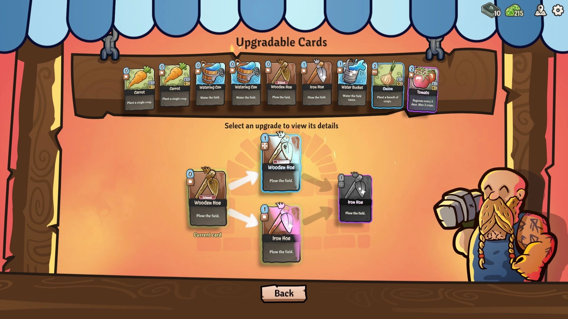 Cropdeck: Upgradable cards menu with various tools and crops displayed for strategic deckbuilding