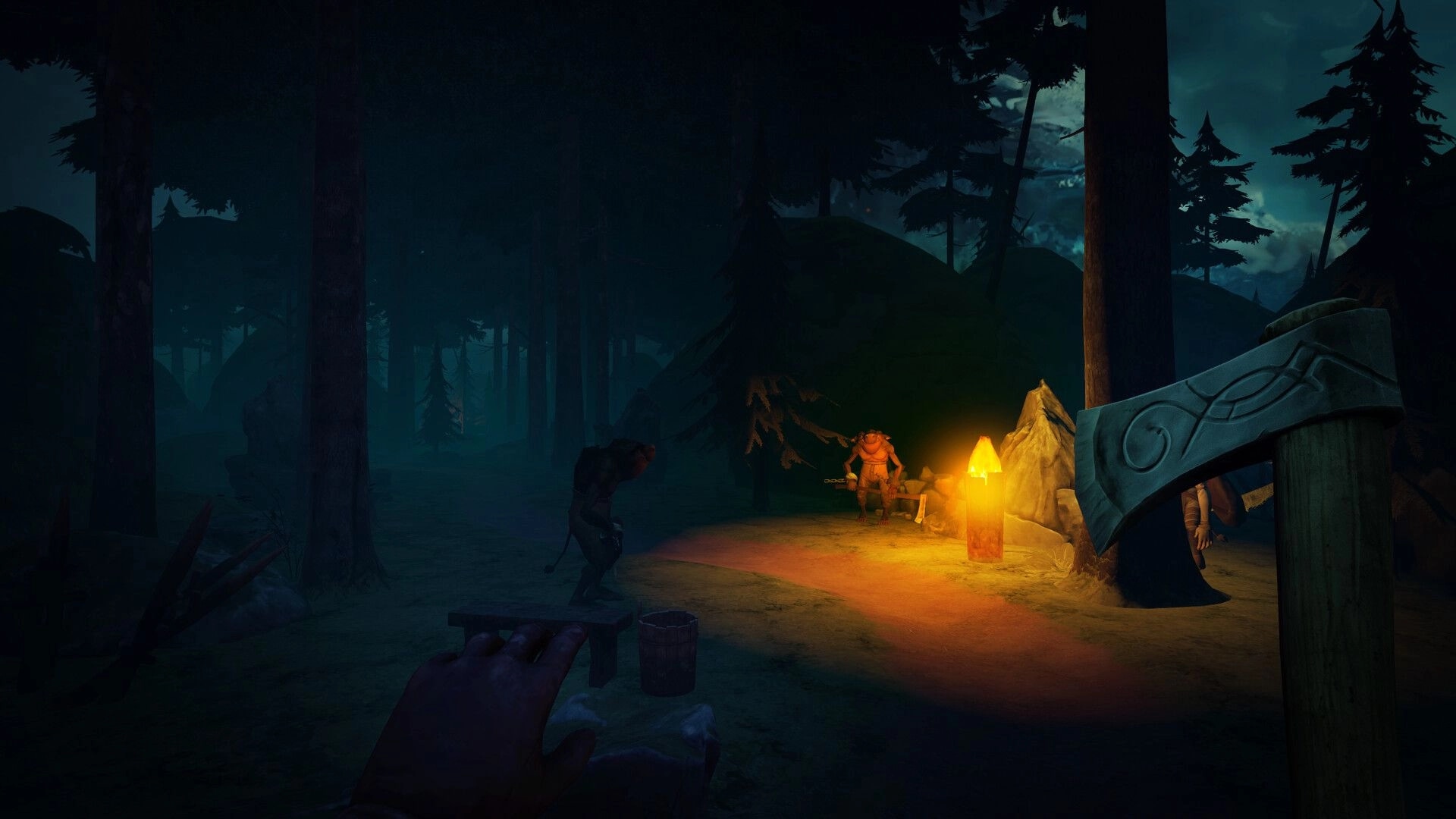 Crossings: Player encounters trolls near a glowing campfire in a shadowy forest clearing