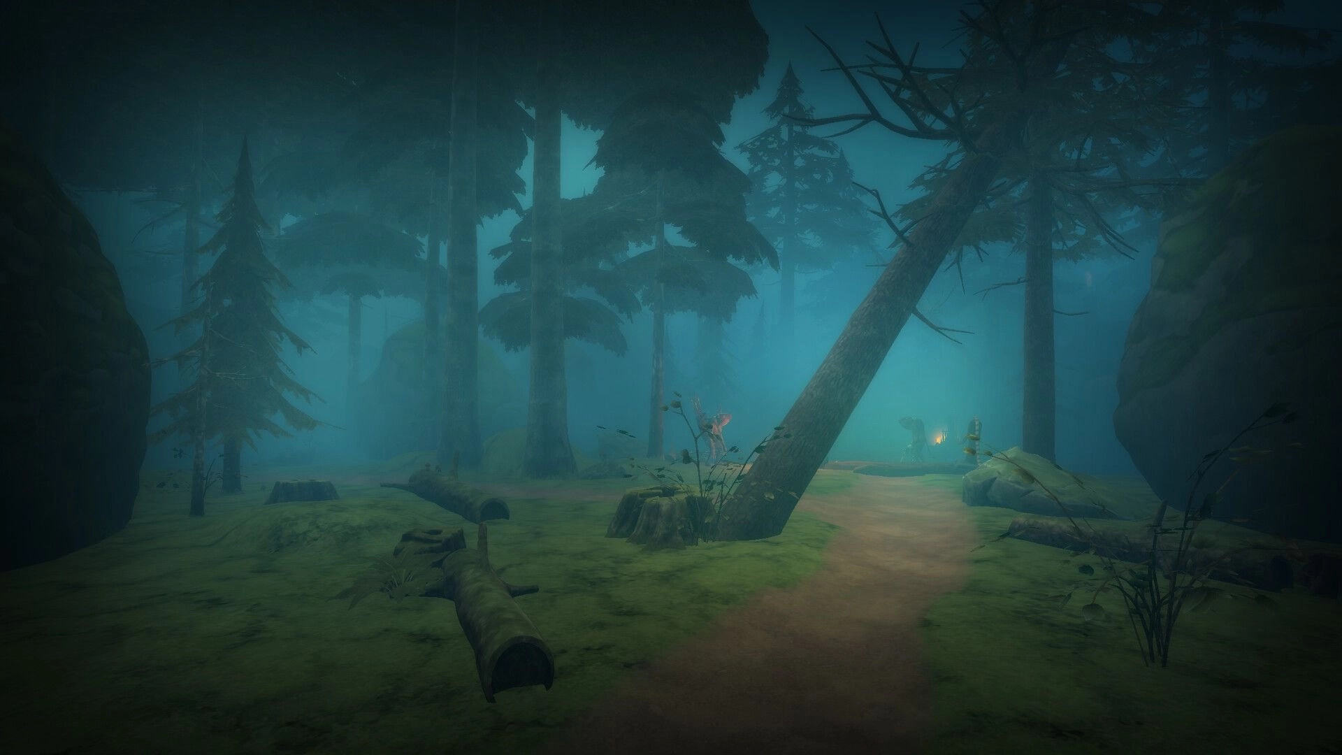 Crossings: Dense foggy forest path with fallen trees and distant glowing light in mysterious setting