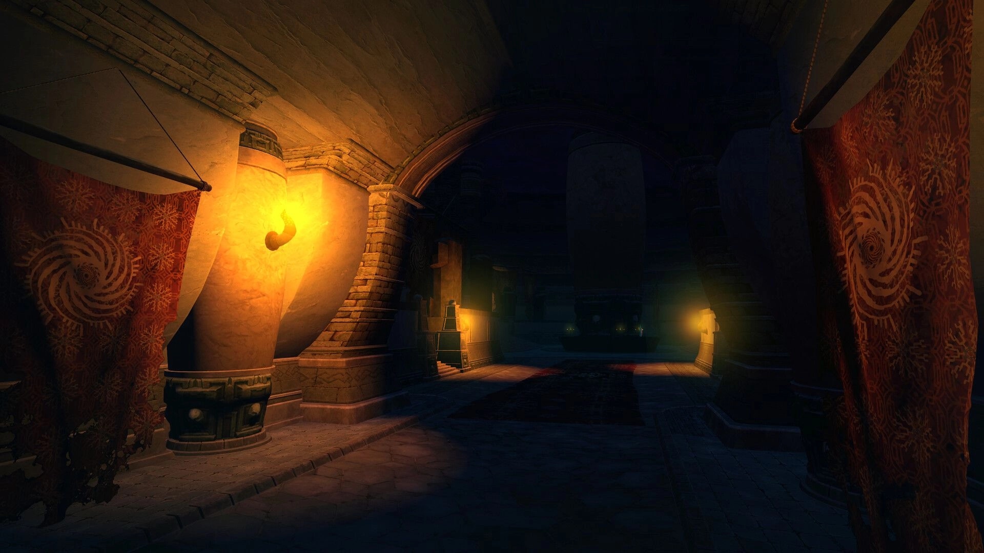 Crossings: Dimly lit stone hallway with glowing urns and patterned red banners hanging from the ceiling