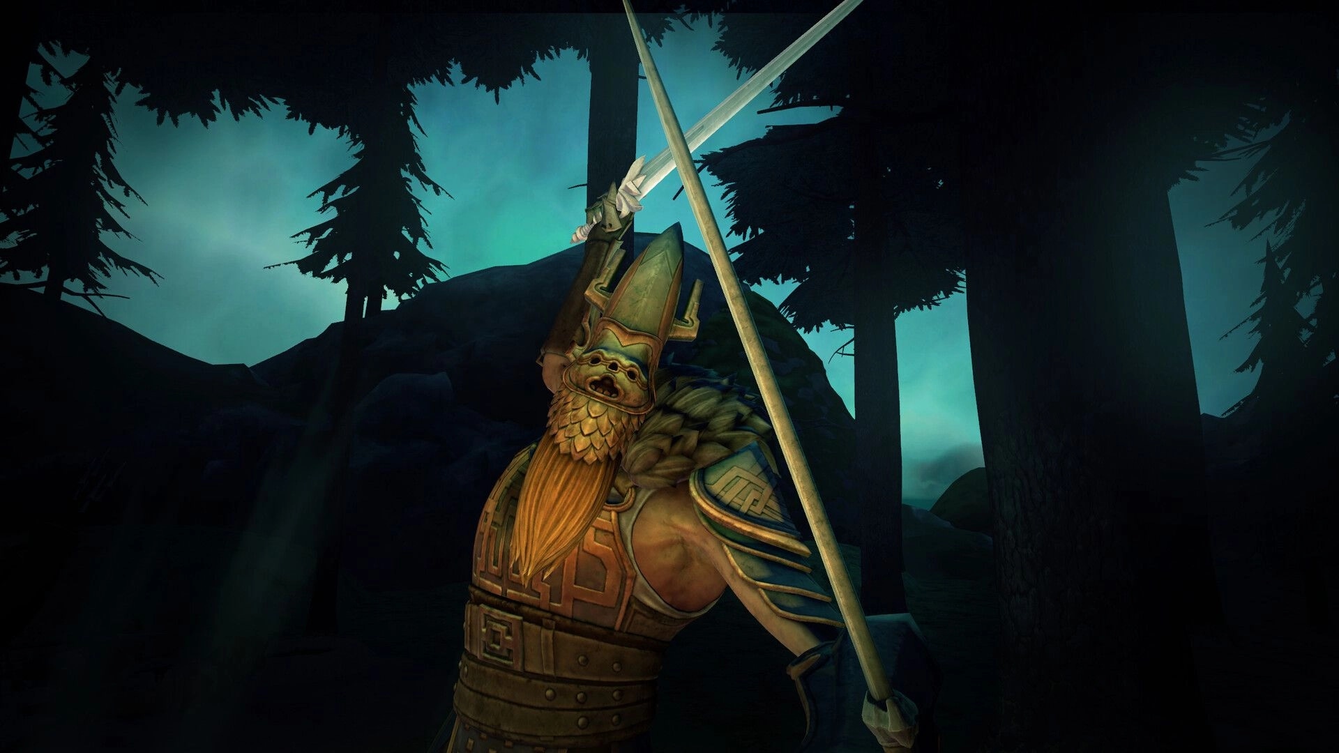 Crossings: Viking warrior with raised sword in dark, misty forest surrounded by towering trees