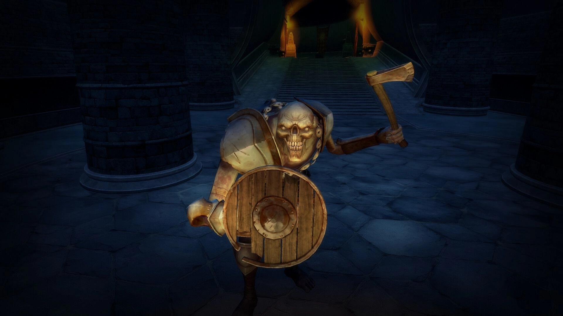 Crossings: Draugr with axe and shield in dark stone chamber with stairs leading to glowing doorway