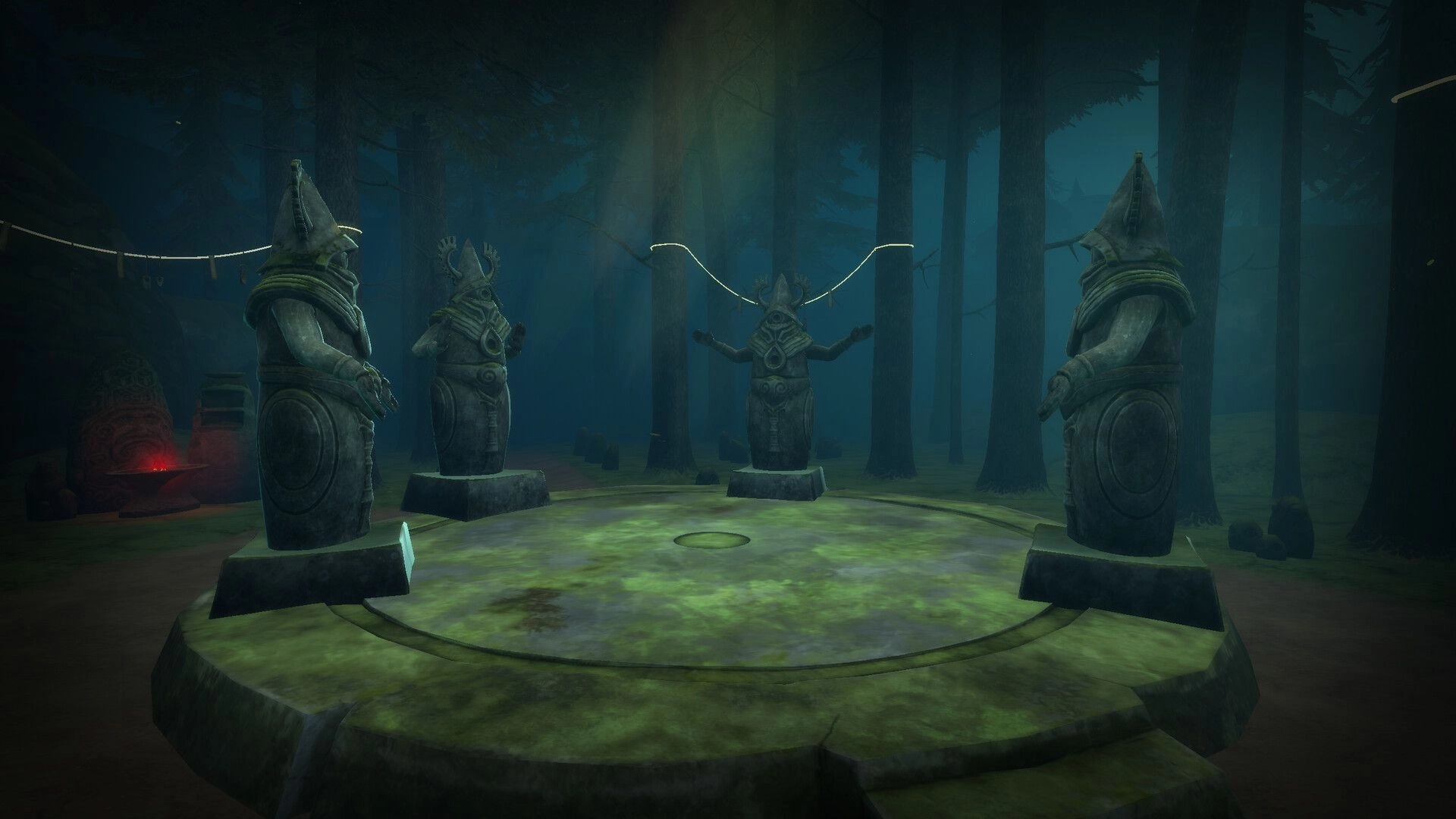 Crossings: Four stone statues in a mysterious forest clearing, surrounded by mist and towering trees
