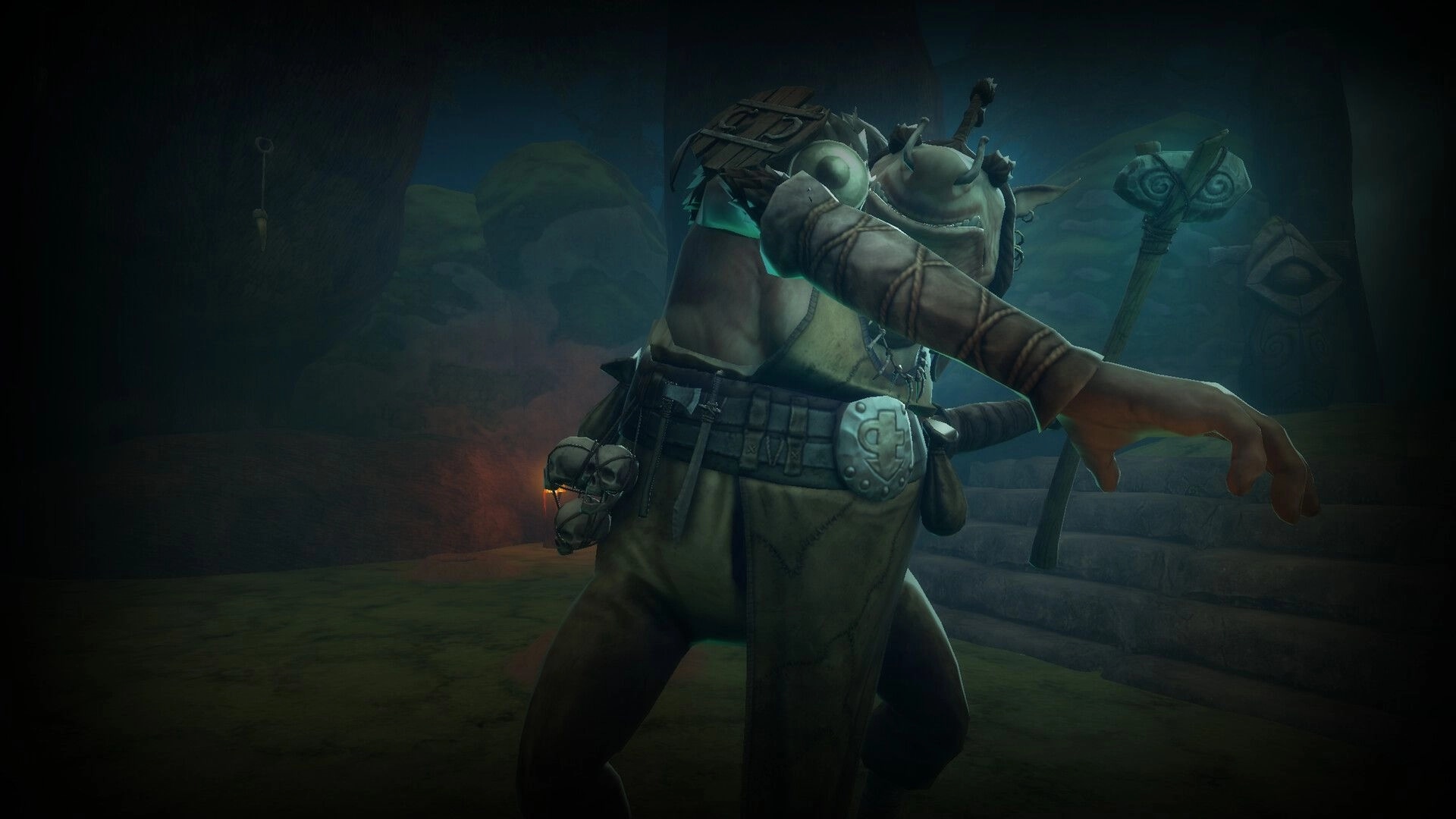 Crossings: Troll character poised to attack with a staff in a dimly lit stone stairway environment.