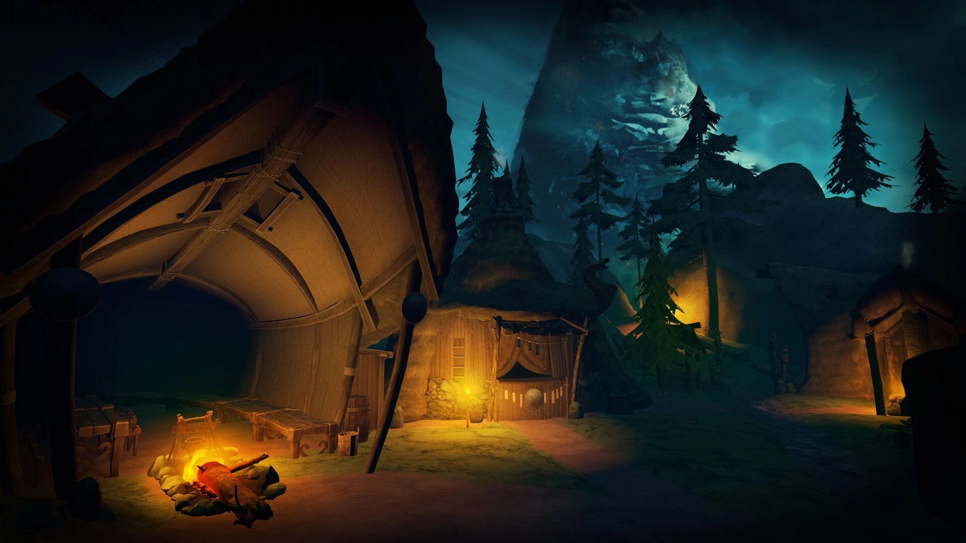 Crossings: Cozy Norse village with lit campfire and wooden huts under a dramatic, moonlit sky