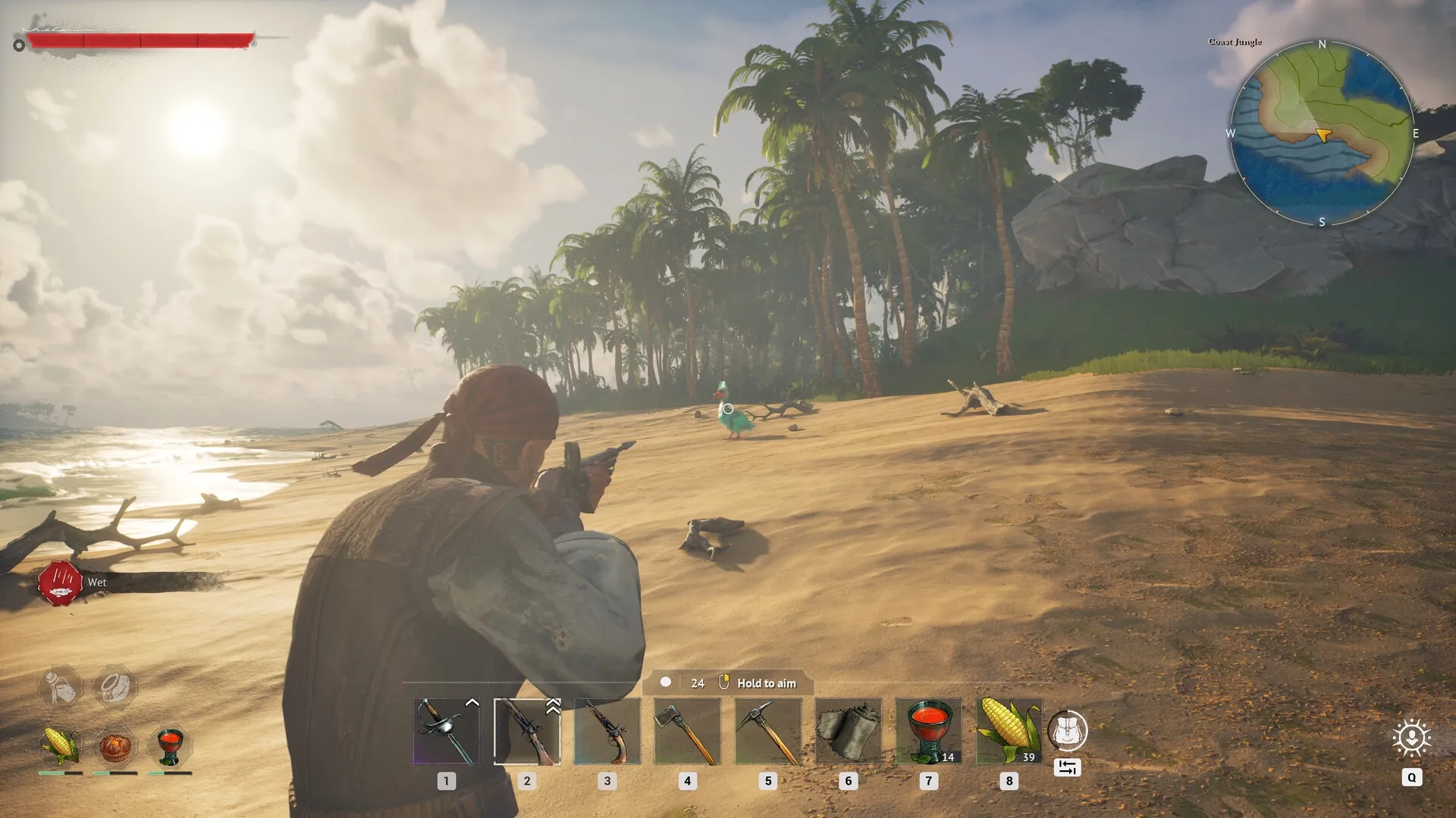 Crosswind: Player aiming at a bird on a tropical beach with inventory and map UI elements visible