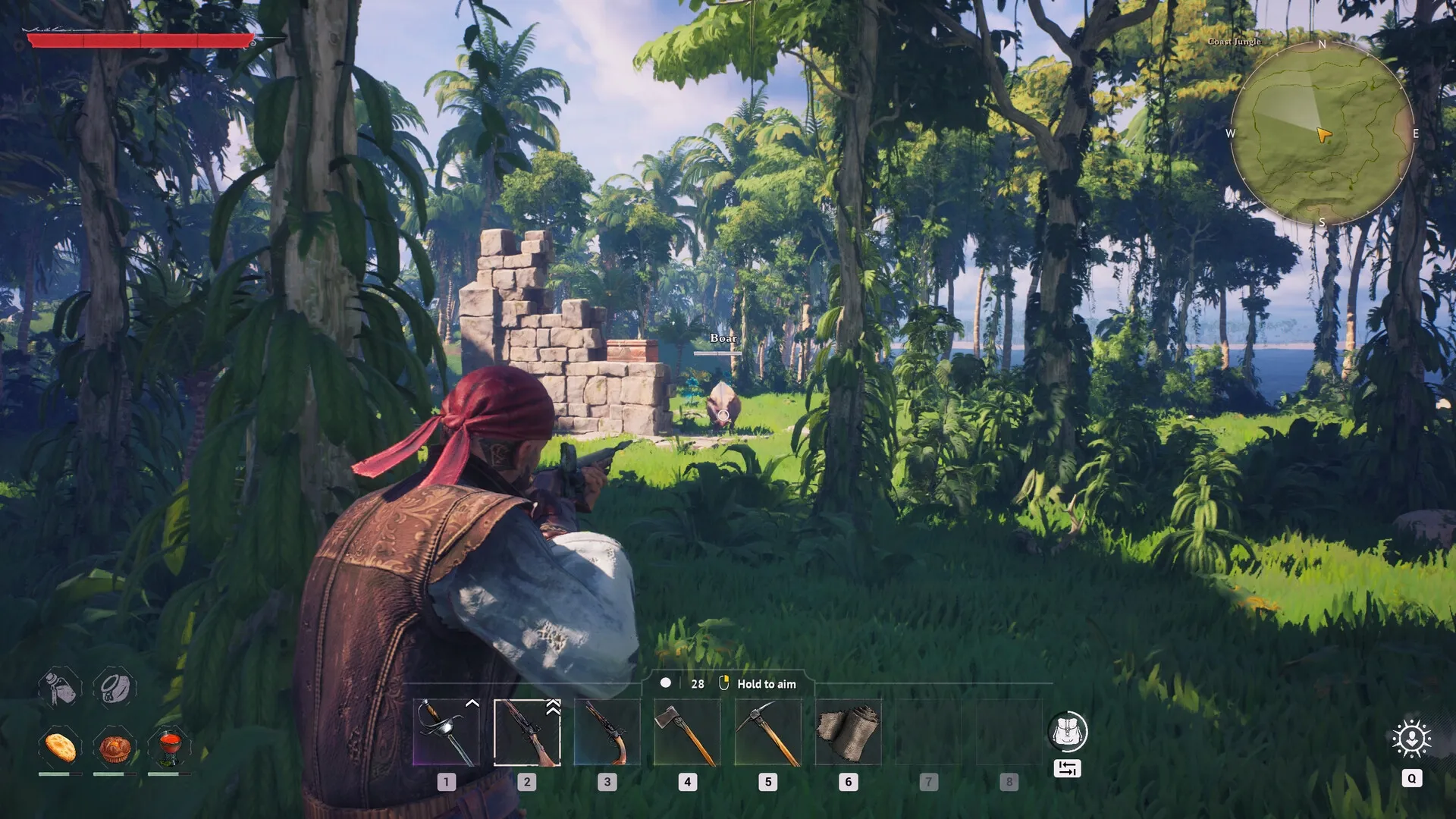 Crosswind: Player aims rifle at boar near ruins in dense jungle, inventory and health bar visible