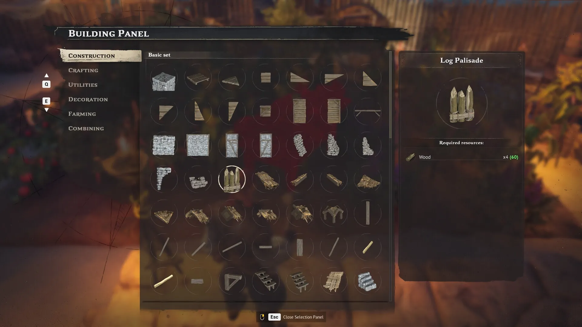 Crosswind: Building panel with construction items and resources needed for crafting log palisade.