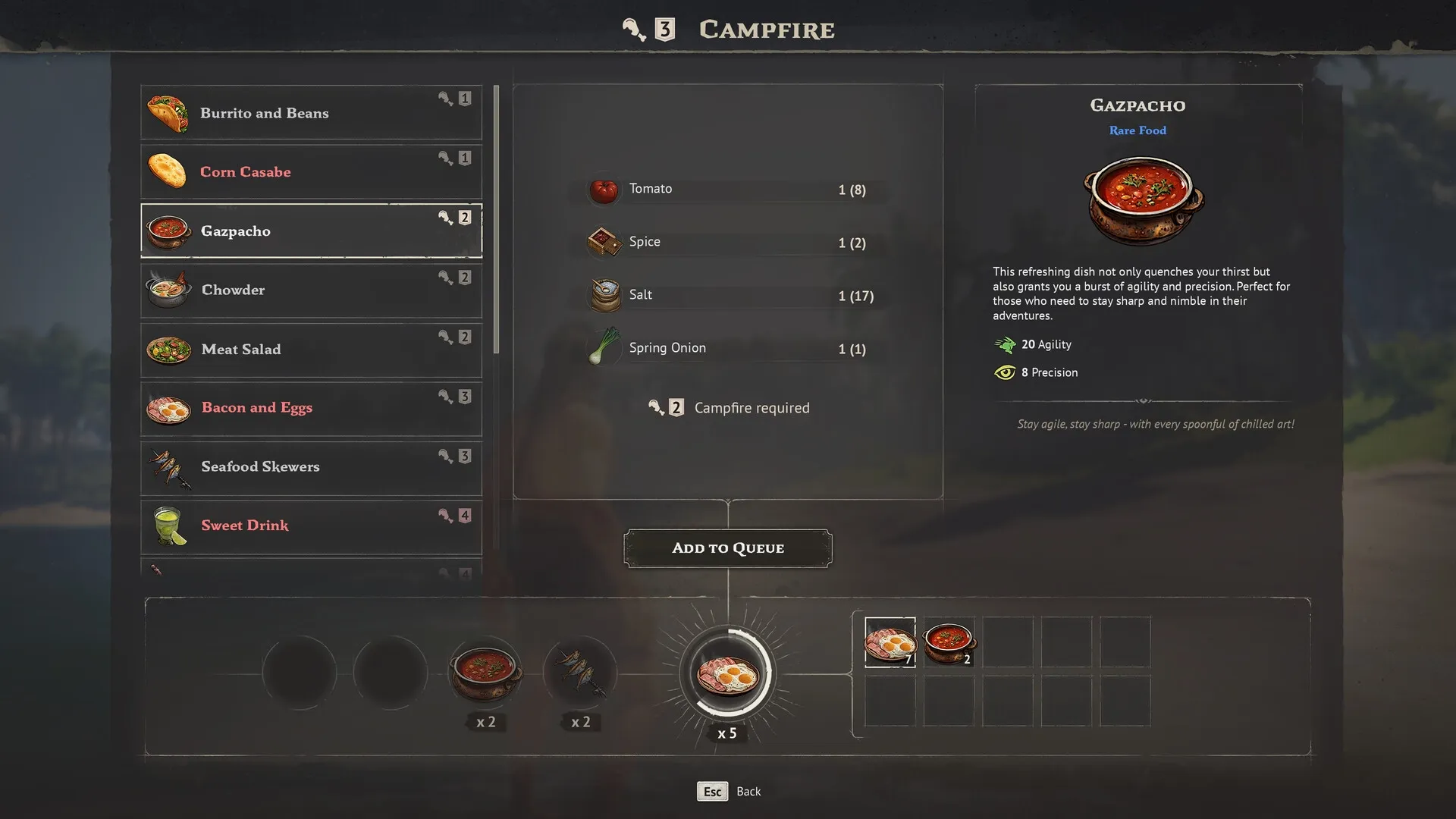 Crosswind: Campfire crafting menu displaying ingredients and buffs for Gazpacho in a pirate setting