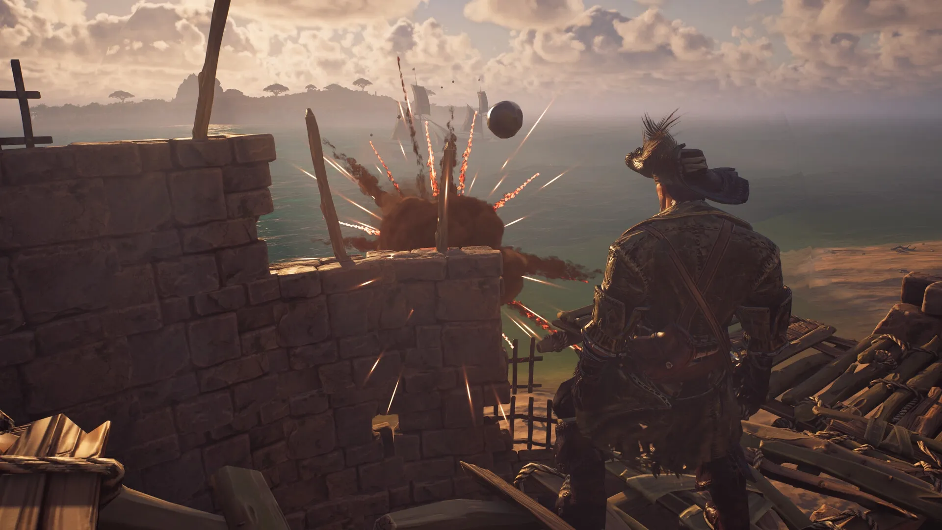 Crosswind: Pirate observes cannonball explosion by stone wall on coastal fortification at sunset.
