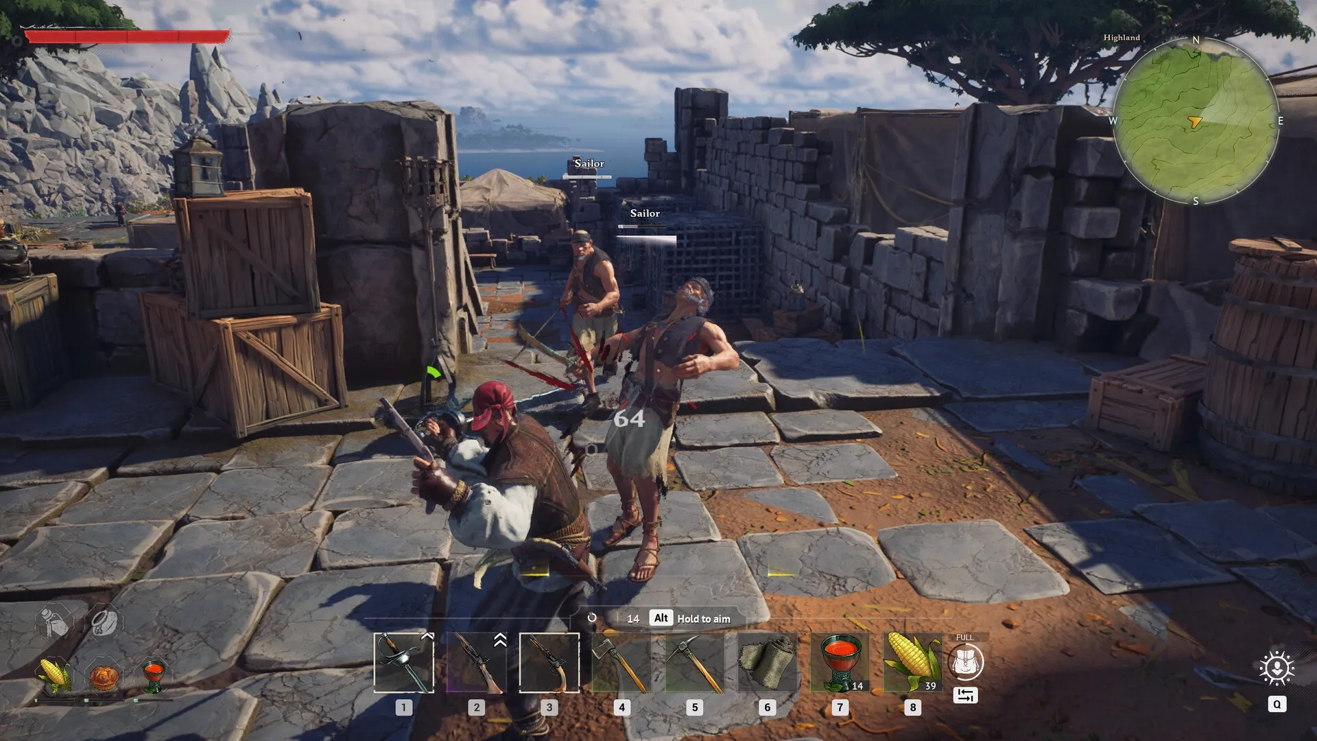 Crosswind: Player engaged in combat with sailors near stone ruins, inventory bar visible at bottom