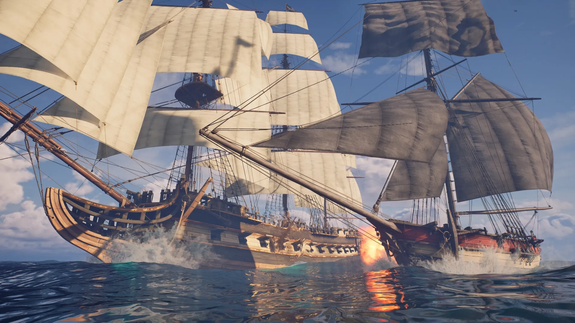 Crosswind: Naval battle with two ships exchanging cannon fire on the open sea under a clear blue sky