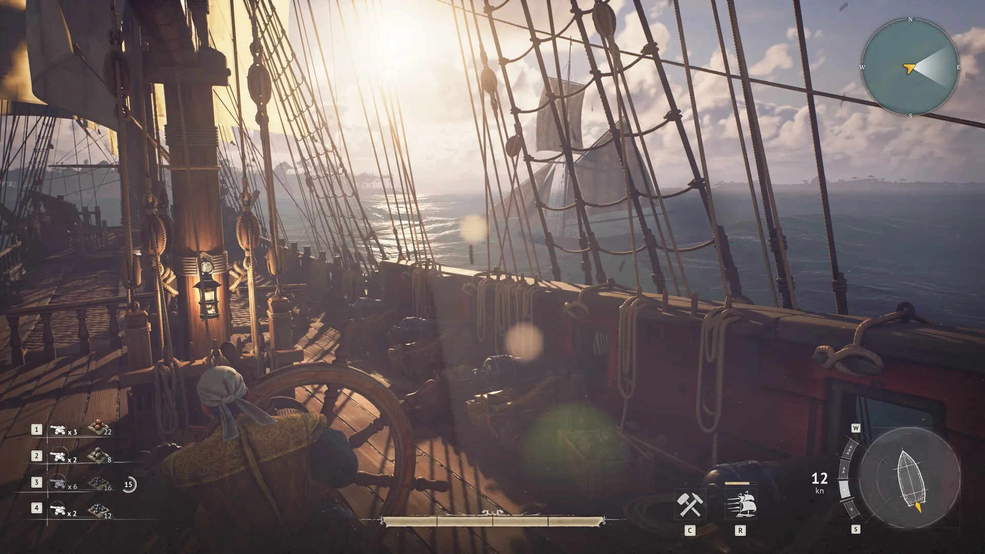 Crosswind: Player steering ship at sea with visible inventory and compass under a setting sun.