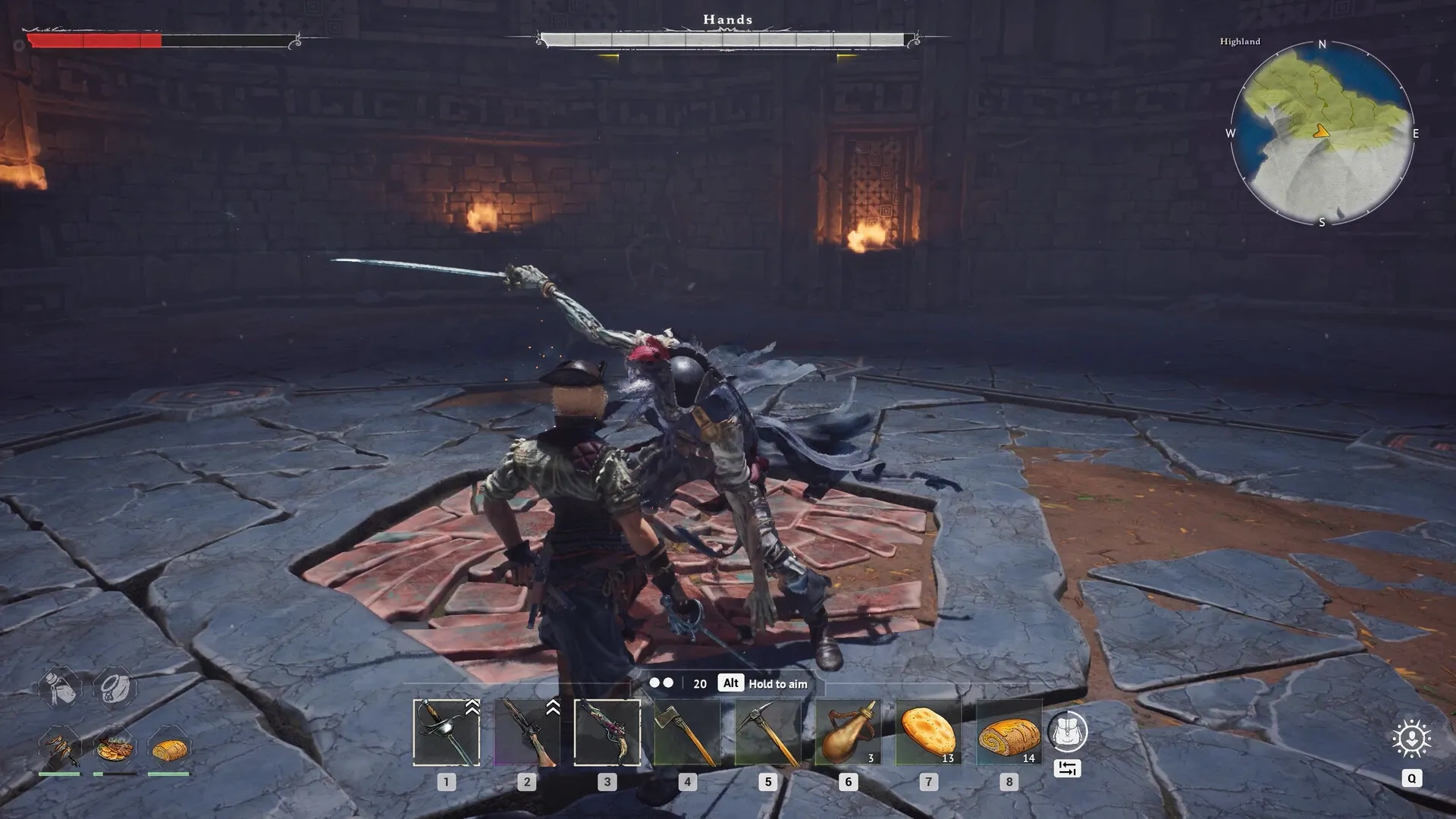 Crosswind: Player battles skeletal enemy in dimly lit stone chamber with visible health bar and inventory.