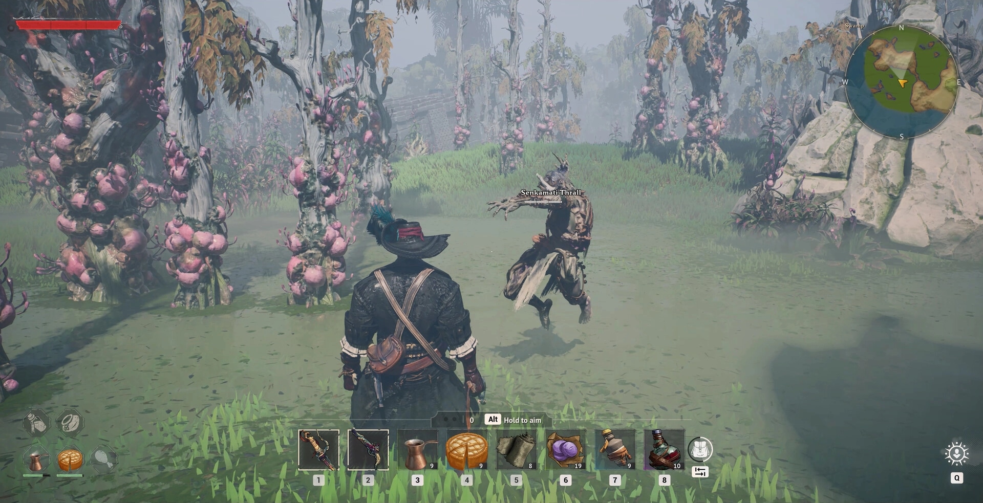 Crosswind: Player confronts Senkamati Thrall in misty swamp with inventory bar and mini-map visible