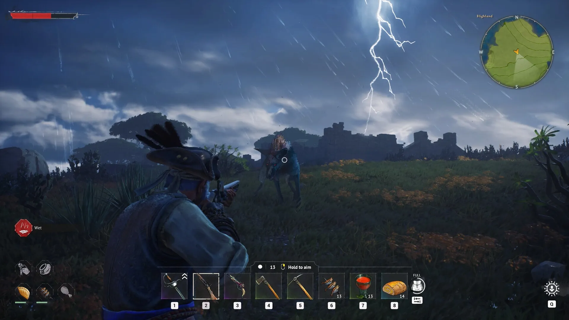 Crosswind: Player aiming pistol at creature in stormy field with inventory and minimap visible