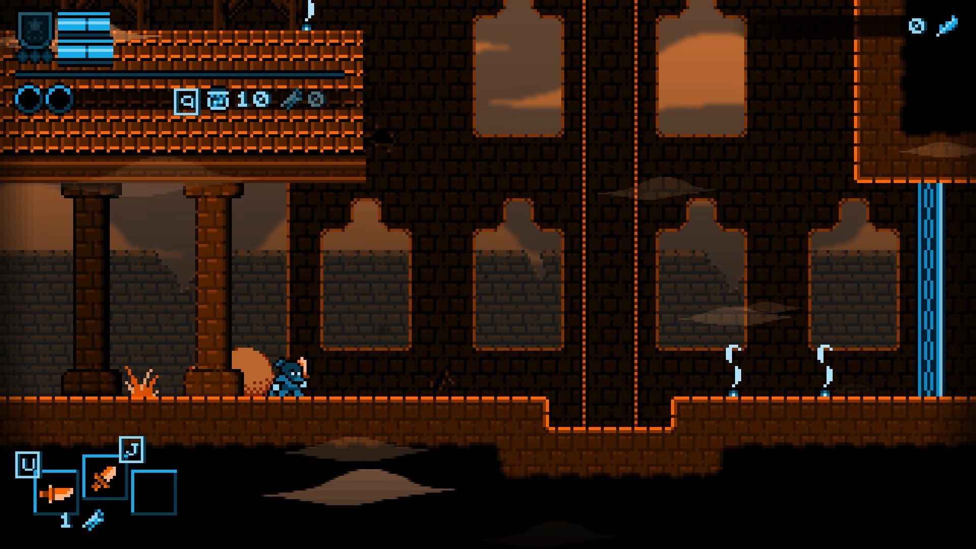 Crow Boss: Pixelated character explores a dark castle interior with visible health and inventory UI.