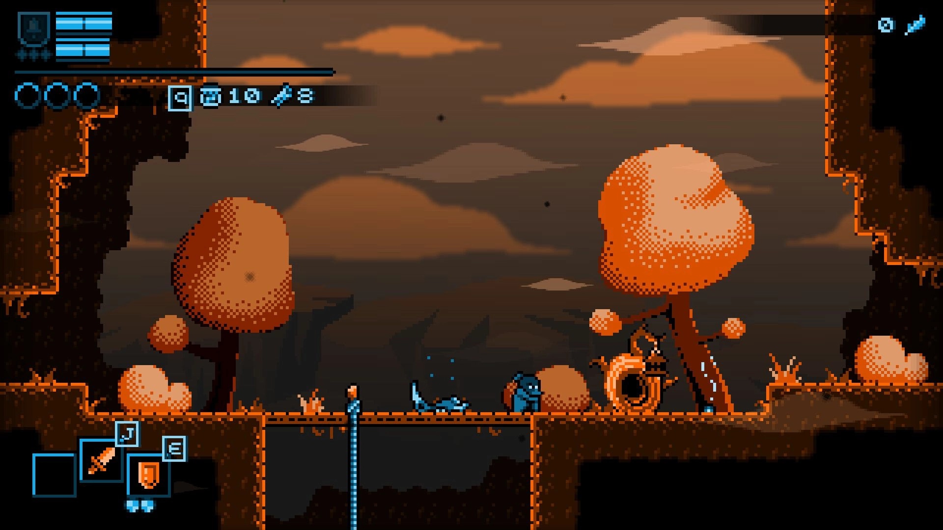 Crow Boss: Pixelated forest scene with HUD, character on platform, and inventory icons visible