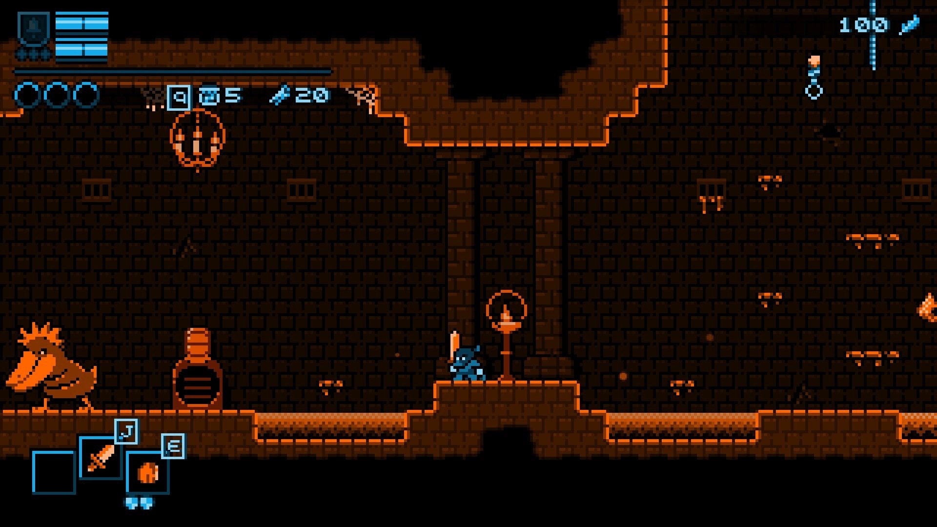 Crow Boss: Pixelated dungeon scene with character holding sword, facing a large bird-like enemy.