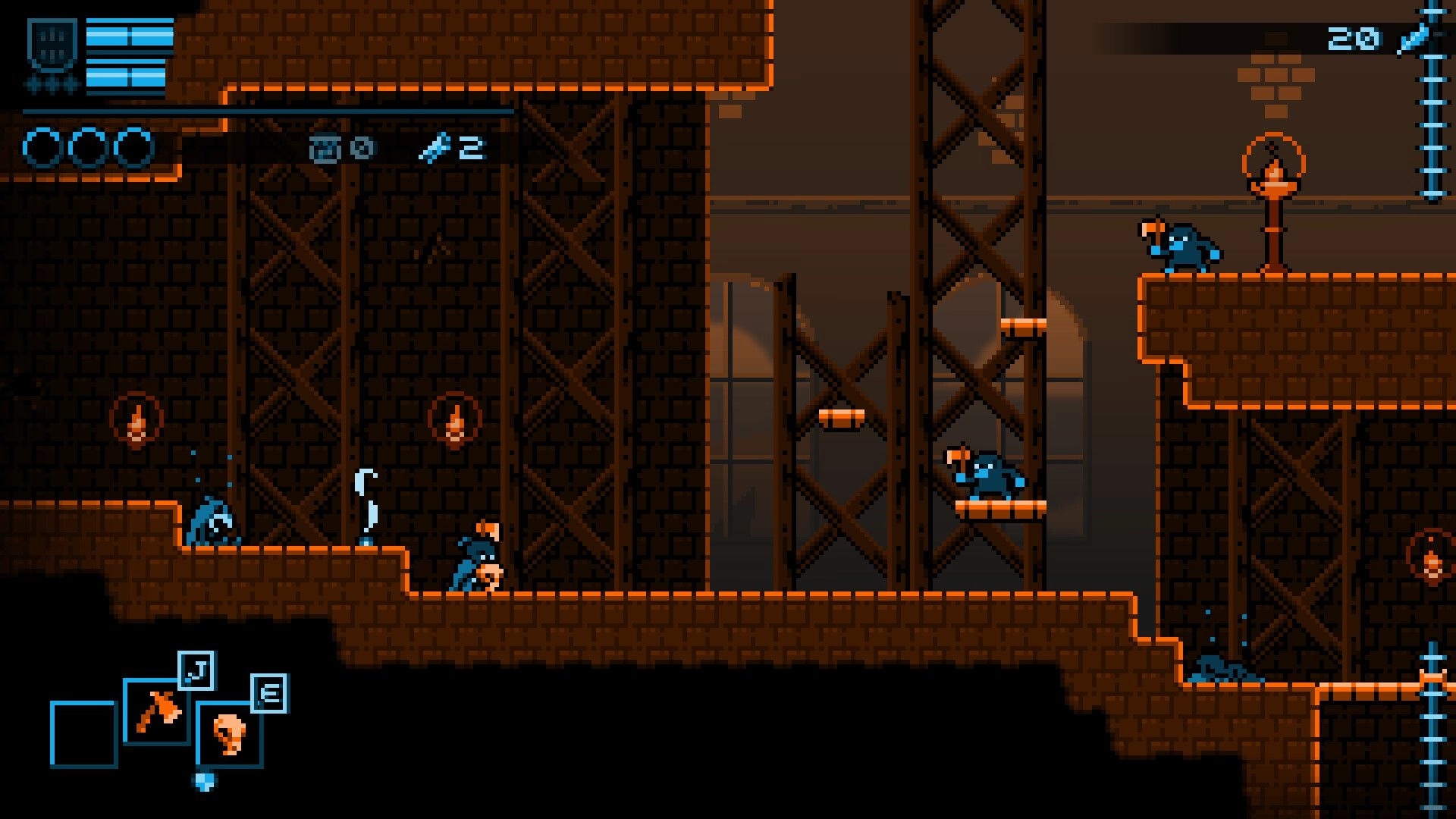 Crow Boss: Player navigates industrial platform with enemies and HUD displaying health and items.