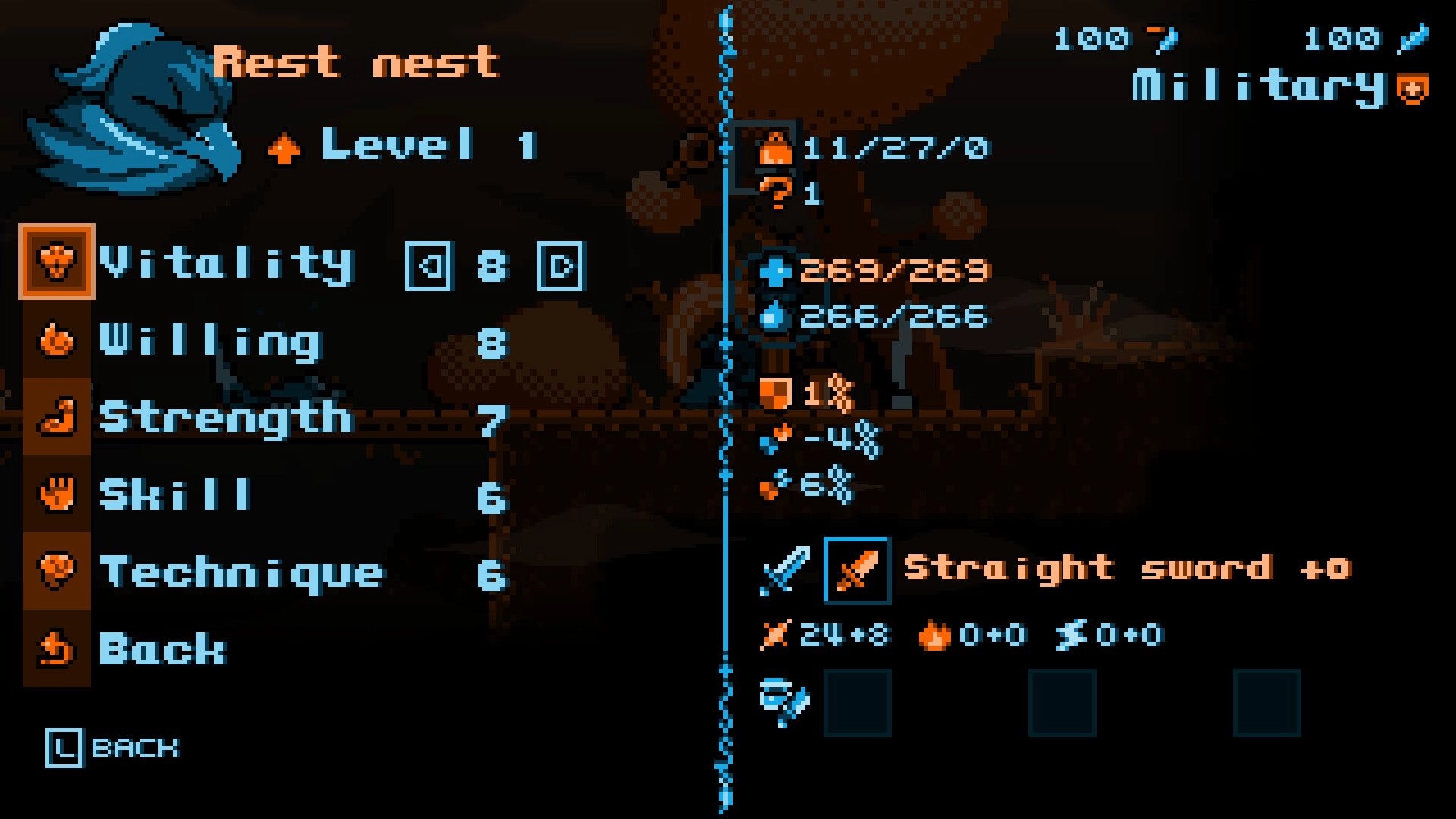 Crow Boss: Character stats menu with vitality, willing, strength, skill, and technique at rest nest