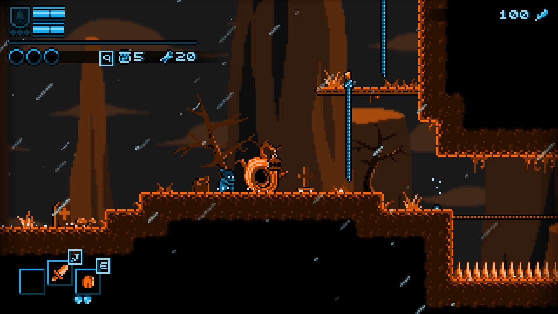 Crow Boss: Player character near portal in dark, pixelated forest with health and items displayed