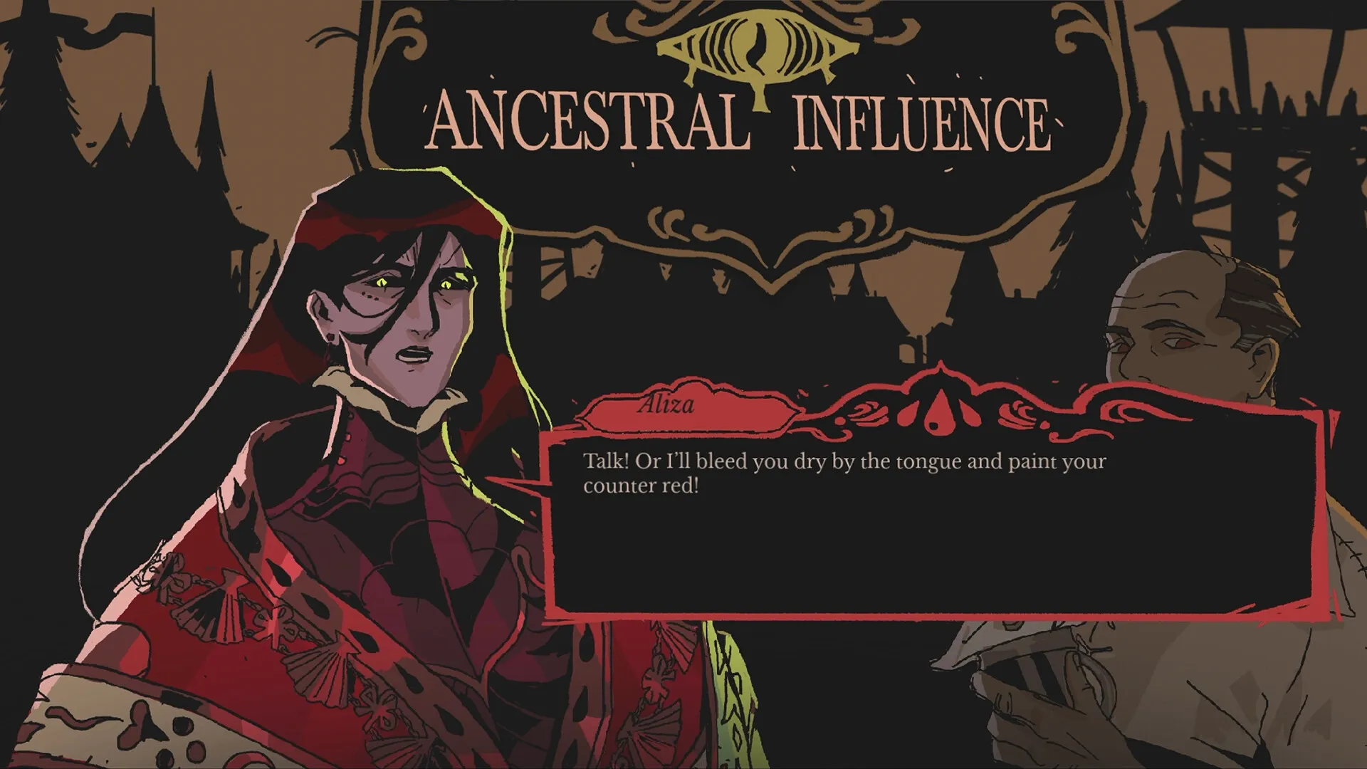 Crown Gambit: Aliza confronts a figure in a dark medieval setting with dialogue options displayed.