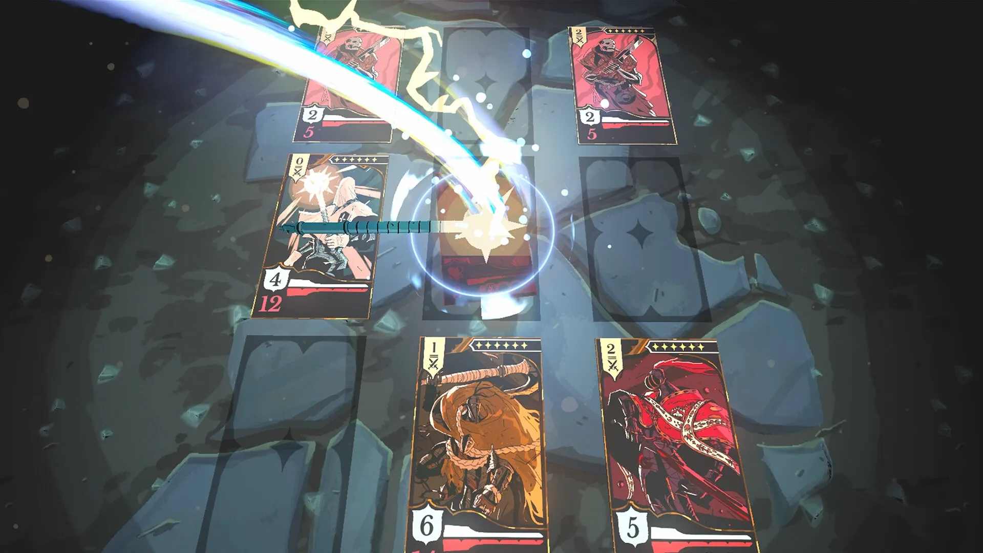 Crown Gambit: Intense tactical card battle with spell effects on stone battlefield