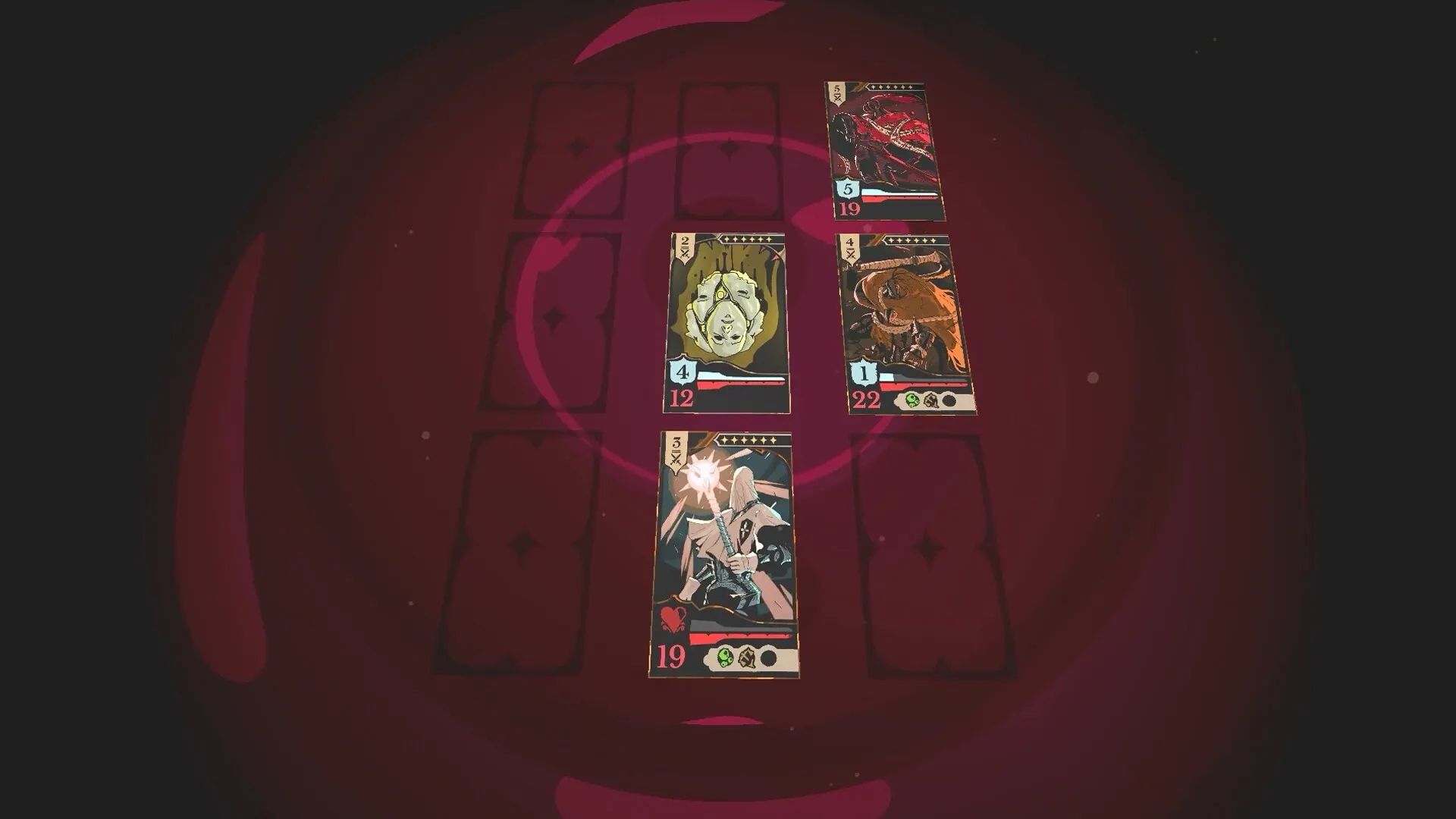 Crown Gambit: Tactical card combat with four character cards displayed on a dark, circular board.