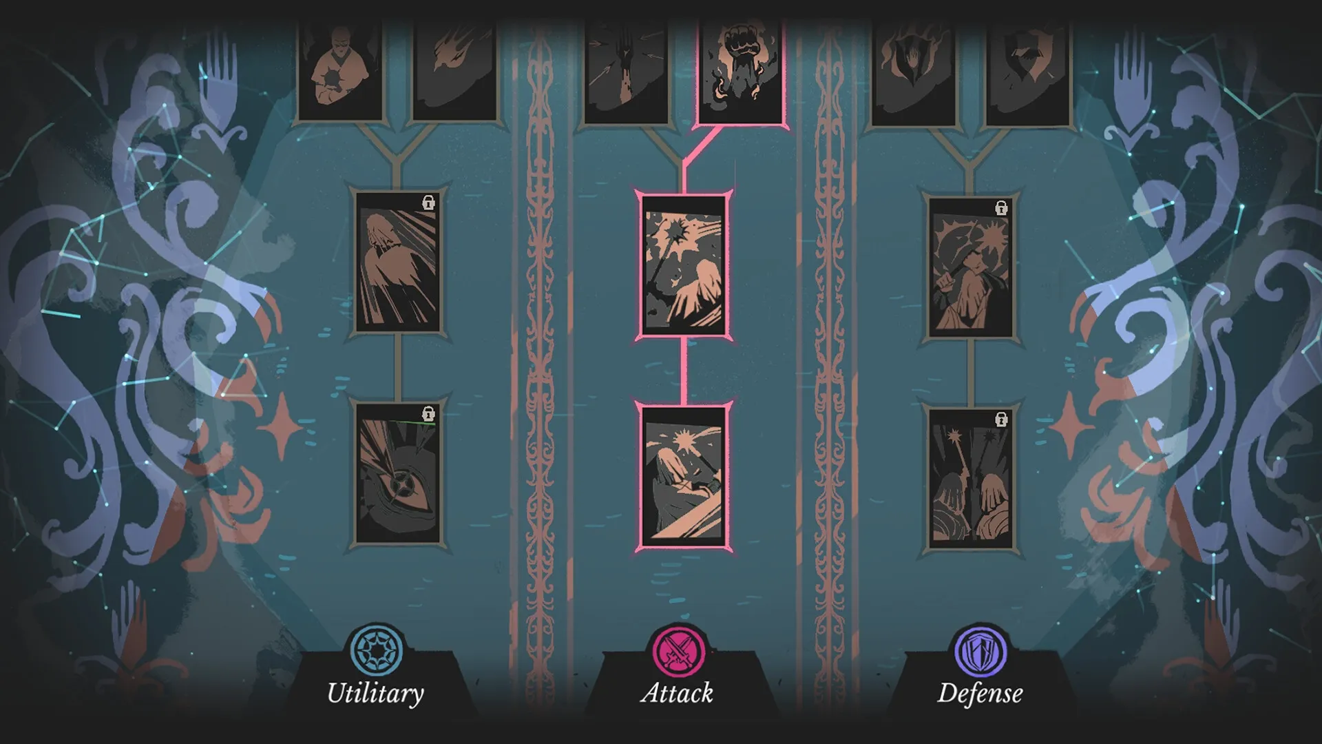 Crown Gambit: Skill tree interface with locked abilities under Utility, Attack, and Defense categories
