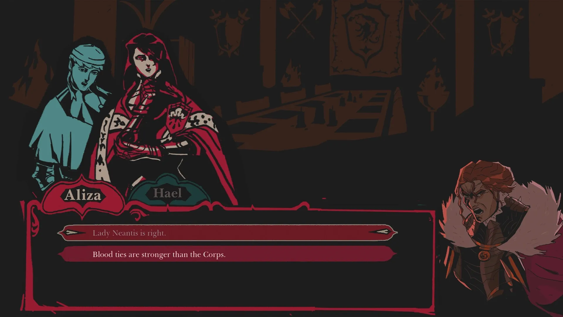 Crown Gambit: Aliza and Hael in dialogue selection within a dimly lit medieval hall setting
