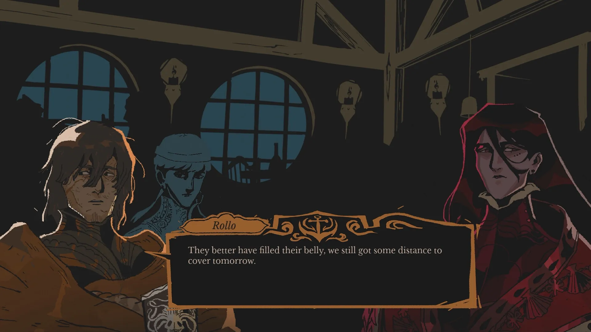 Crown Gambit: Rollo converses with allies in a dimly lit medieval tavern, planning their next journey.